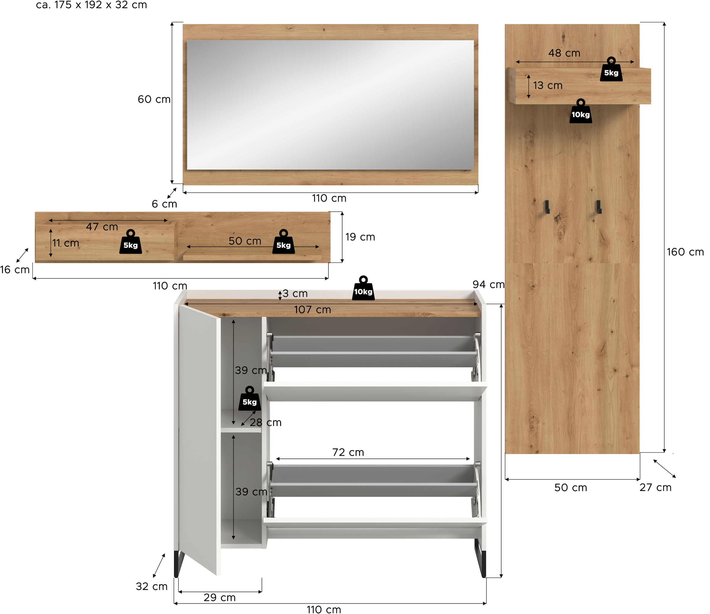 Home affaire Ensemble de vestiaires »EVRID, 3-teilig, Breite 175 cm, individuell stellbar & erweiterbar« composé de : commode, miroir et panneau de rangement, 4 cuis tlg.