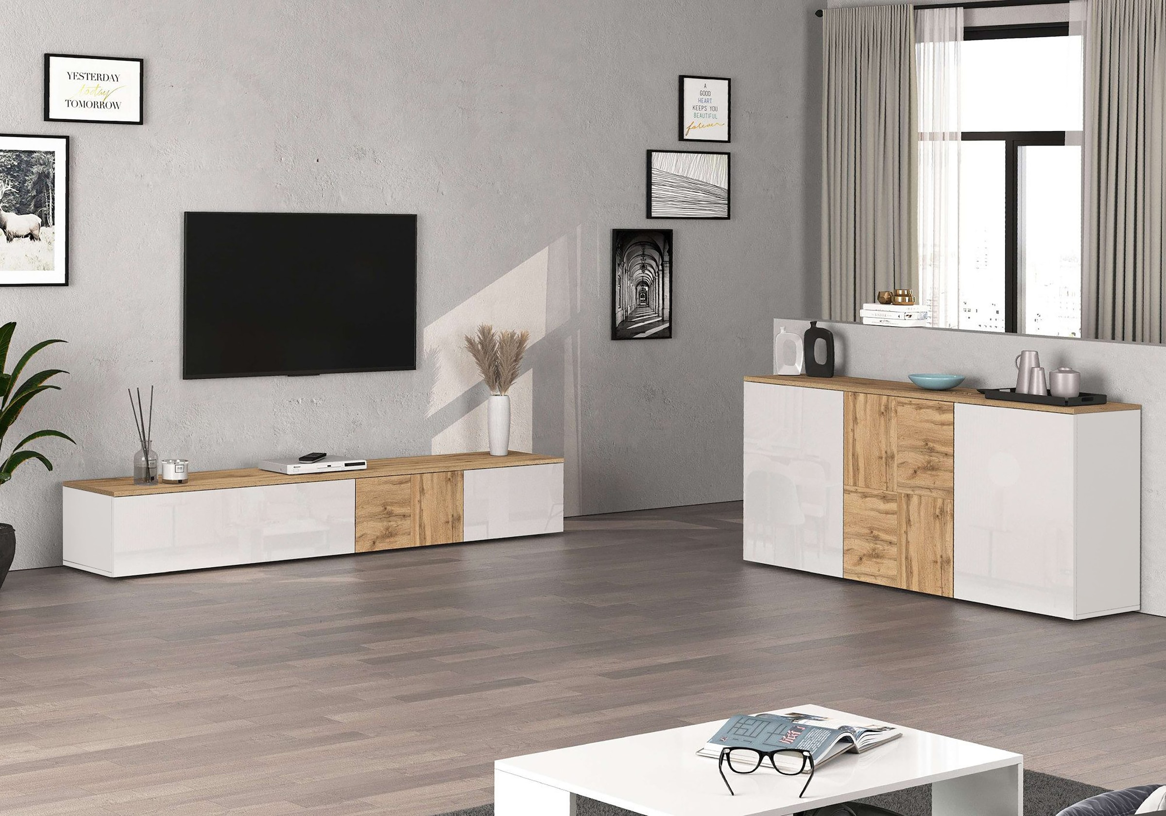 GOODproduct Sideboard »ISEO, Kommode, Schrank, Sideboard, Lowboard, 6 Fächer, Breite 150 cm« 1 Stk. tlg. stehend/hängend, 3 Türen Hochglanz lackiert, Made in Italy
