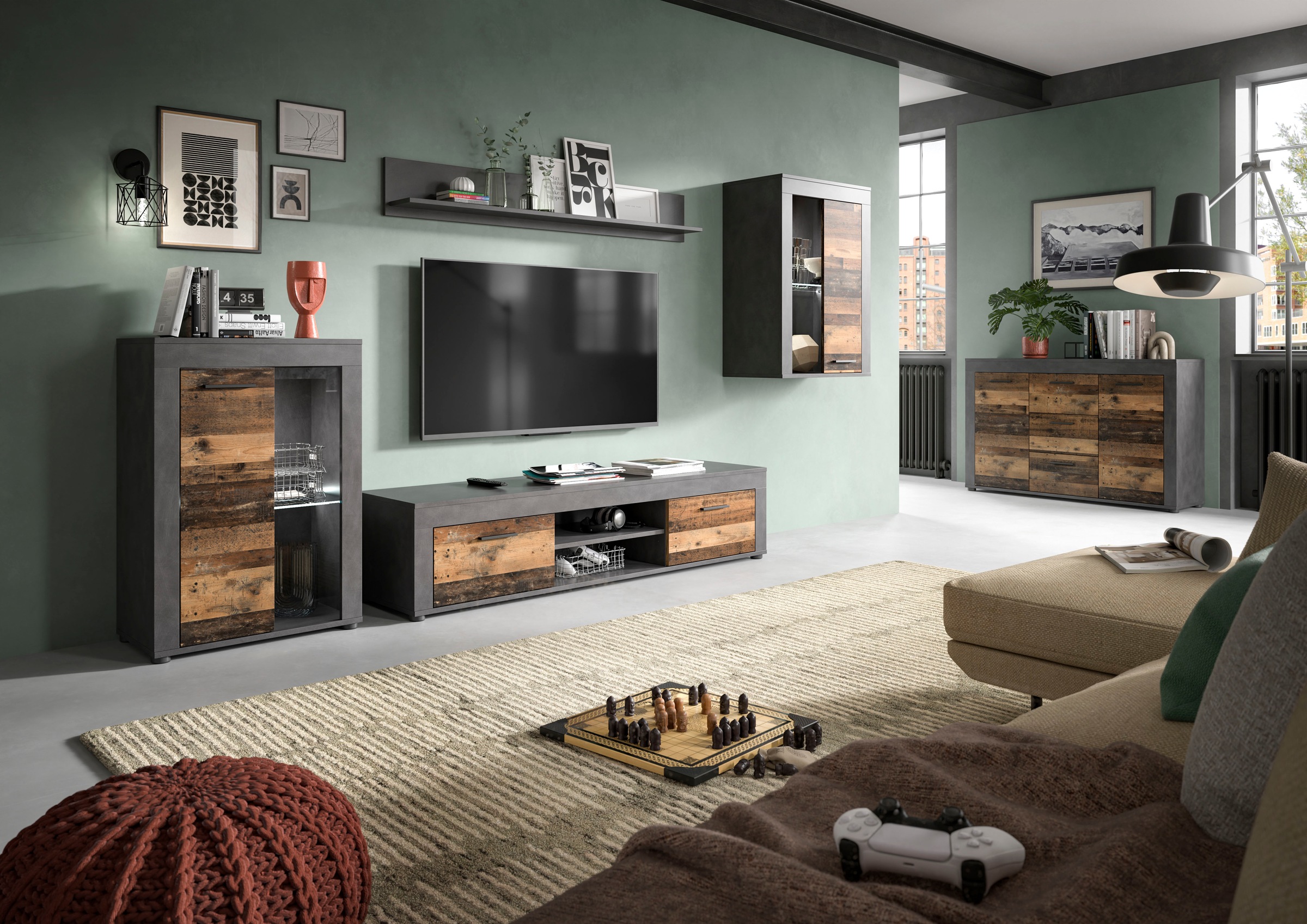 Home affaire Meuble mural »AOSTA, Breite 310cm, 4-teilige Wohn-Kombination« bestehend aus: Vitrine, Lowboard, Wandboard & Vitrine hoch, 4 cuis tlg.
