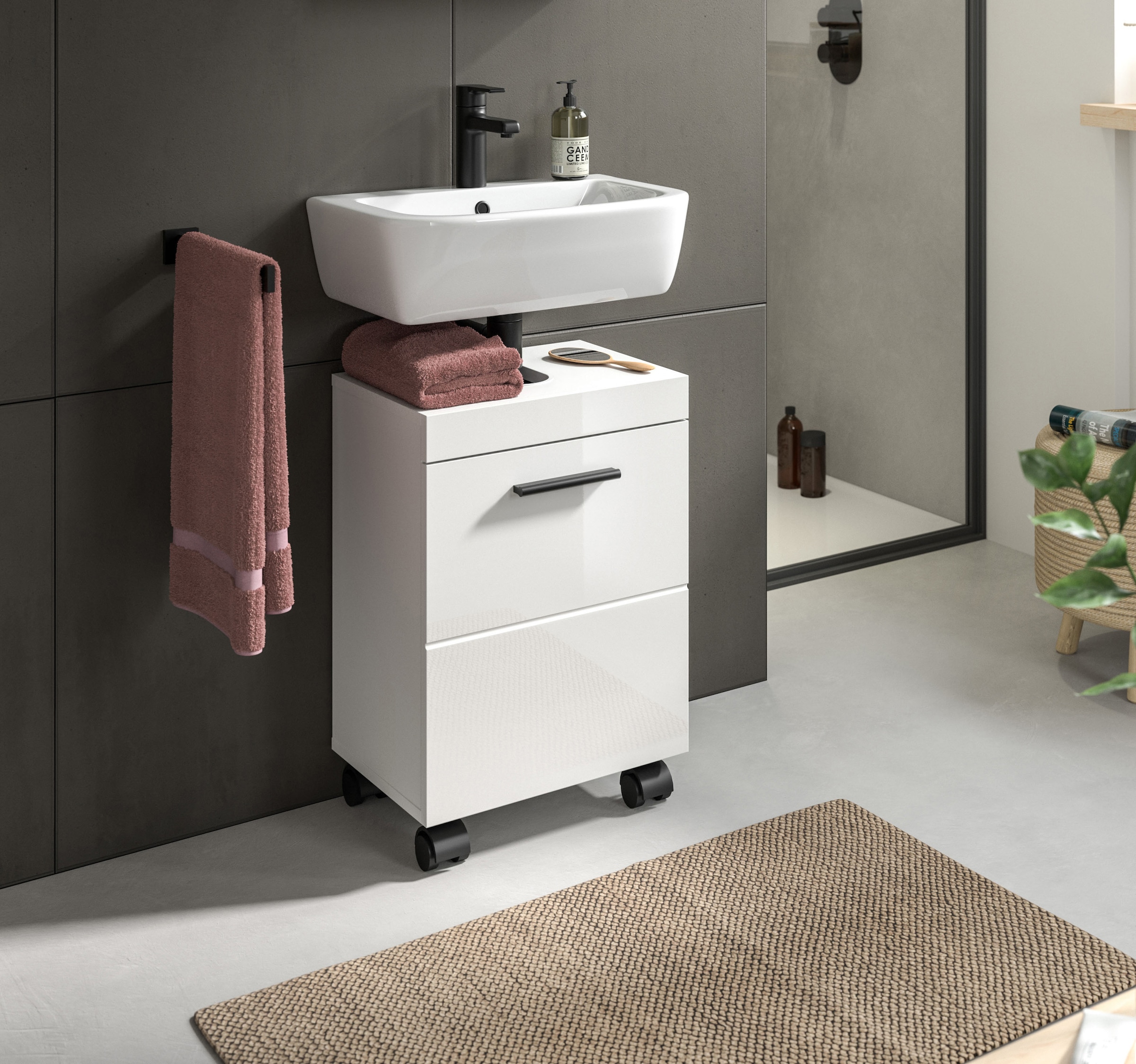 welltime Waschbeckenunterschrank »AVON, Breite 40 cm, 1 Tür, 1 Einlegboden, 2 Fächer« mit Siphonausschnitt 22x8 cm, Rückwand mit Ausschitt,  Badmöbel, Badschrank, Unterschrank, Waschtisch, Kommode, Bad