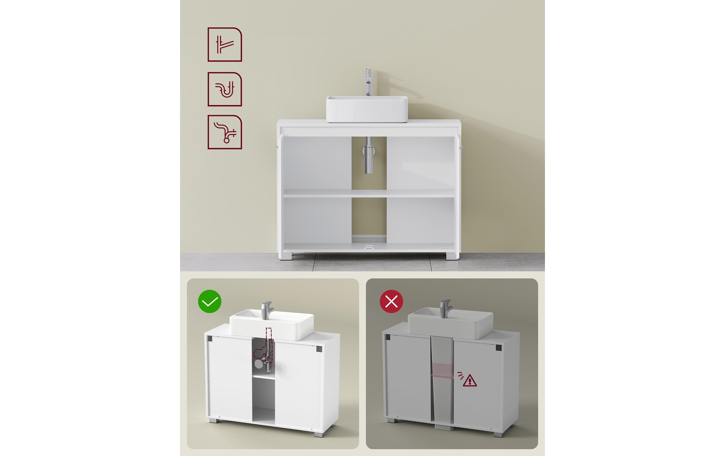 VASAGLE Armoire sous lavabo »60 x 60 cm« Waschbeckenunterschrank mit zwei Fächern und verstellbarer Ablage