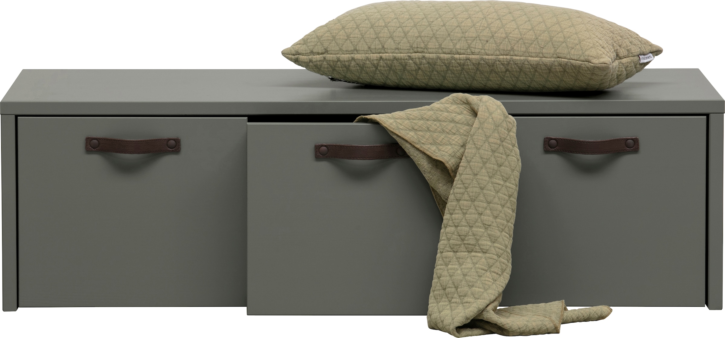 WOOOD Banc coffre »Stage FSC®-Kiefernholz massiv mit Ledergriff H 36 x B 120 x T 50 cm« Assise et espace de rangement combinés, Facile à monter, Facile à entretenir