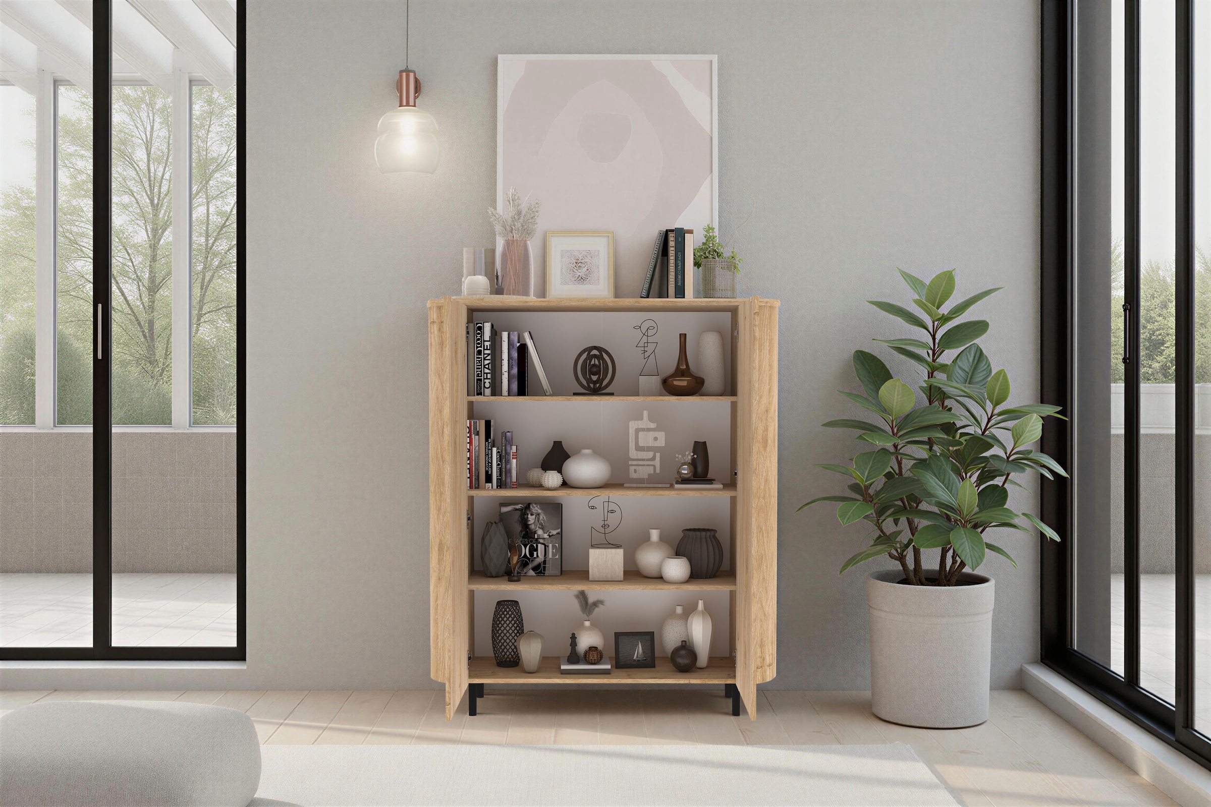 Home affaire Buffet haut »Murano, B/H 131/154 cm, 2 Türen, Stauraumschrank, Hochkommode« Formgebogenes MDF, Stirnseiten mit Rundung, Füsse und Griffe aus Metall