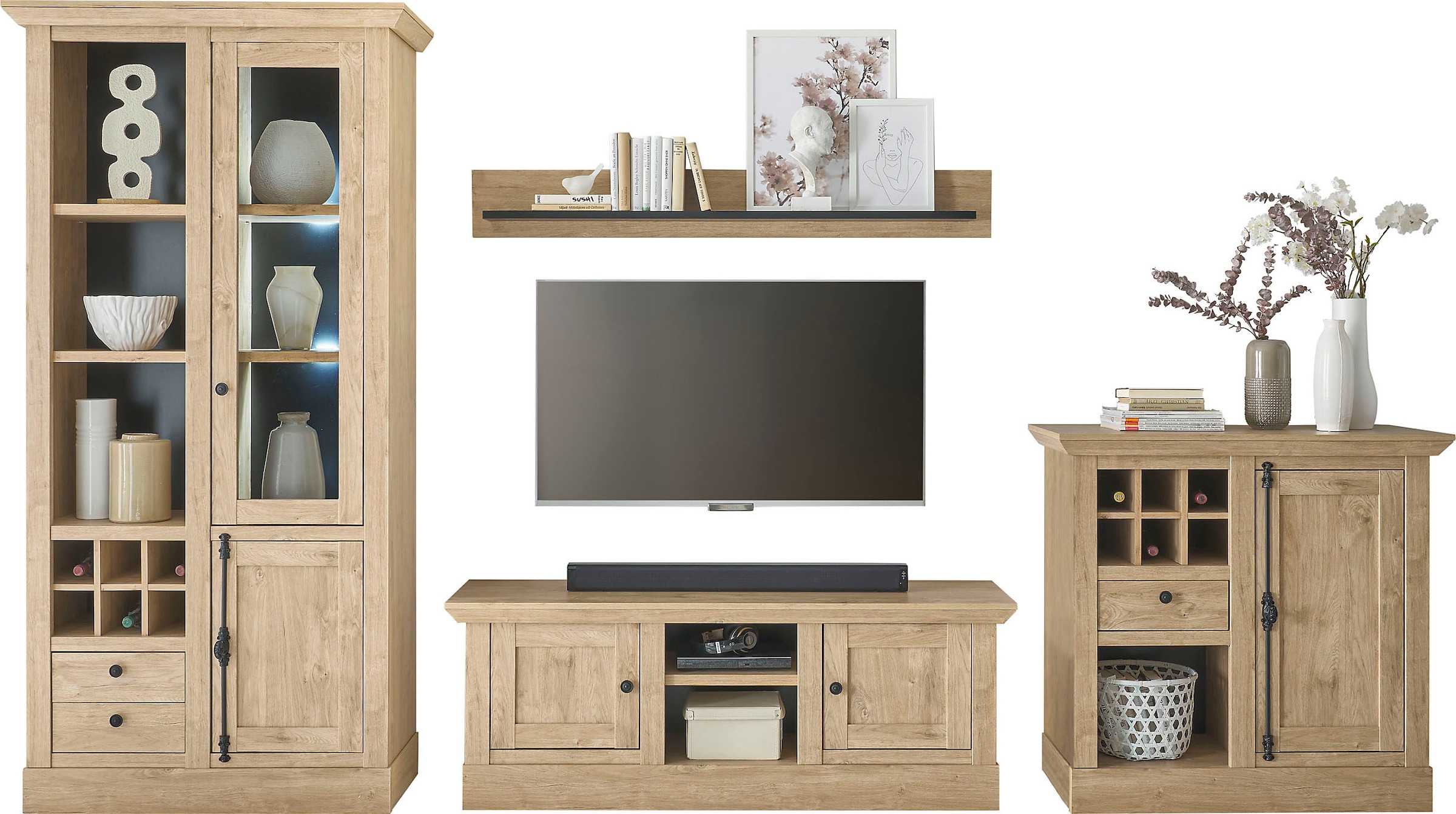 Home affaire Meuble mural »Cornwall, Anbauwand im Landhausstil, Wohnzimmer-Set, Eiche Dekor« Set, 4 cuis tlg.