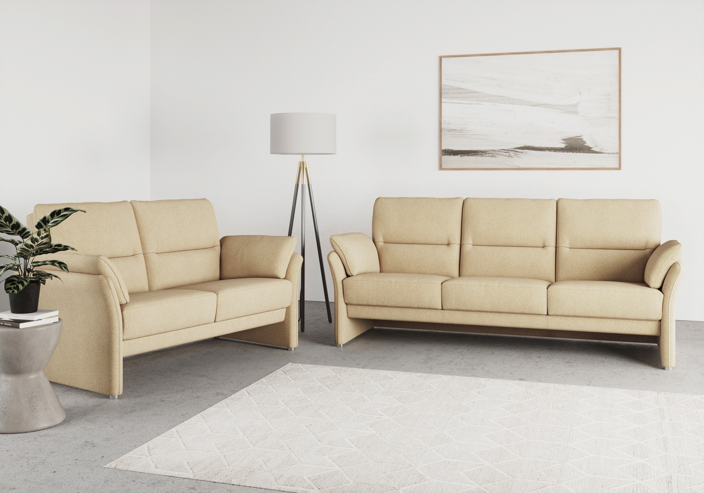 DOMO collection 3-Sitzer »Pina, schmale Armlehnen, mit Federkern, kompakt & elegant« Hoher Sitzkomfort, Feinstruktur, beige, Breite 219 cm