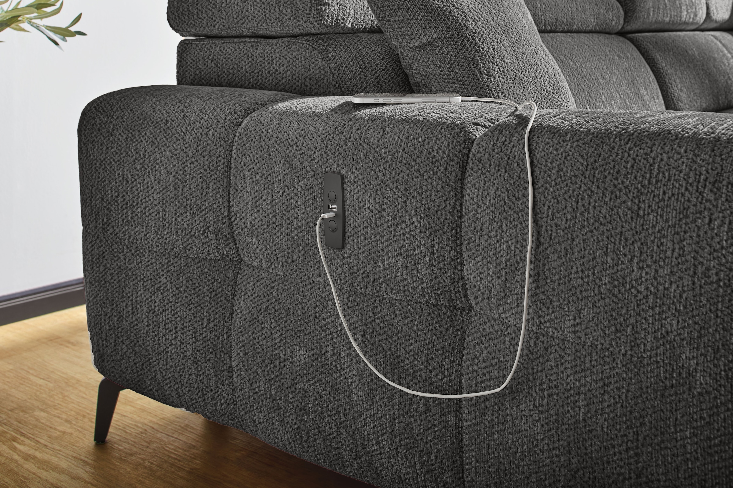 Jockenhöfer Gruppe Ecksofa »Racer L-Form, B: 290 cm, 60 cm elektrische Sitztiefenverstellung« USB-Ports, Kopfstützen verstellbar, Zierkissen, bis 140 kg/Sitz