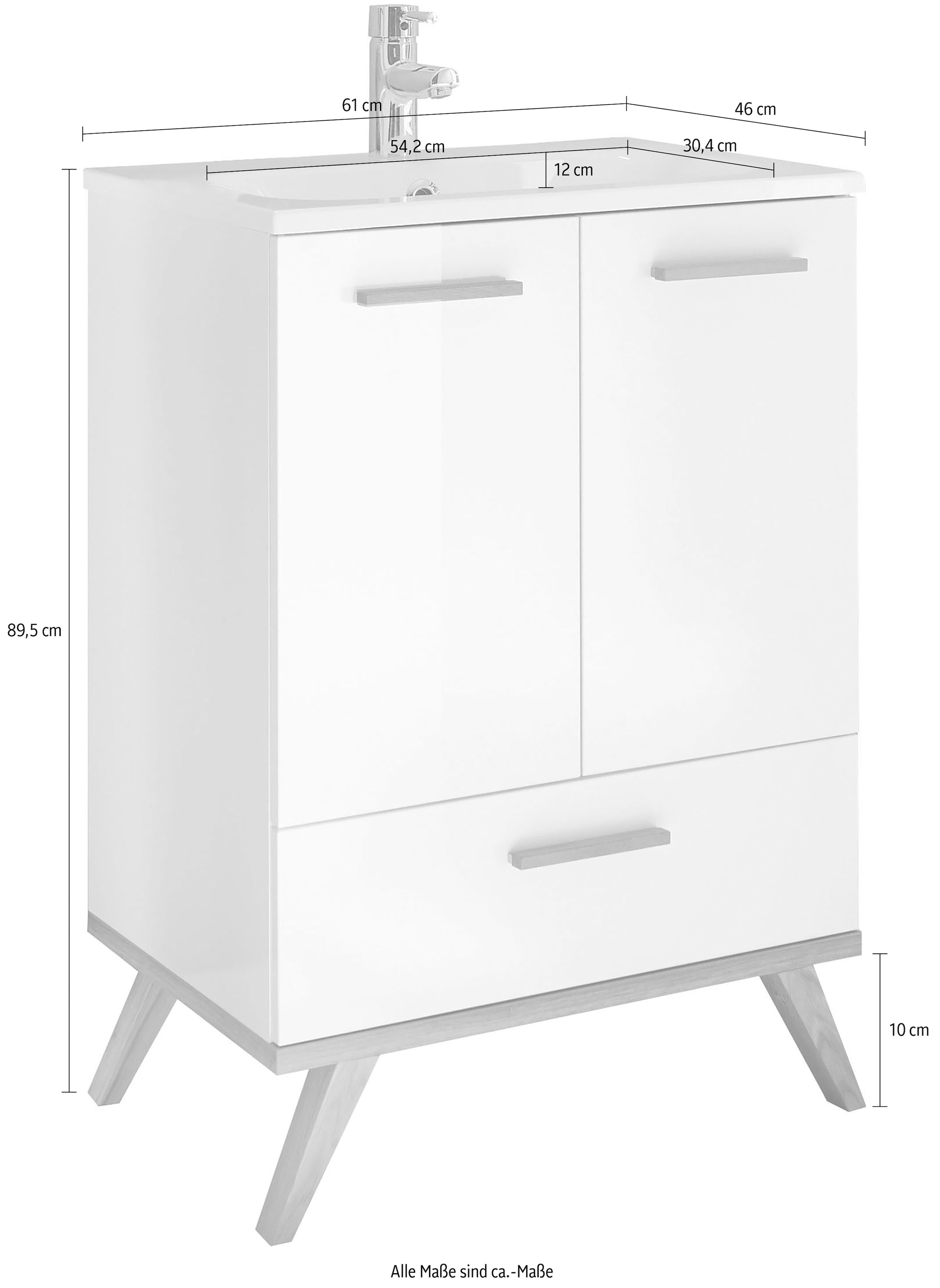 Saphir Table de lavage »Quickset Mineralmarmor-Waschtisch mit Unterschrank, 61 cm breit« Poste de travail, poignées en bois, incl. amortisseur de porte, 2 portes, 1 tiroir