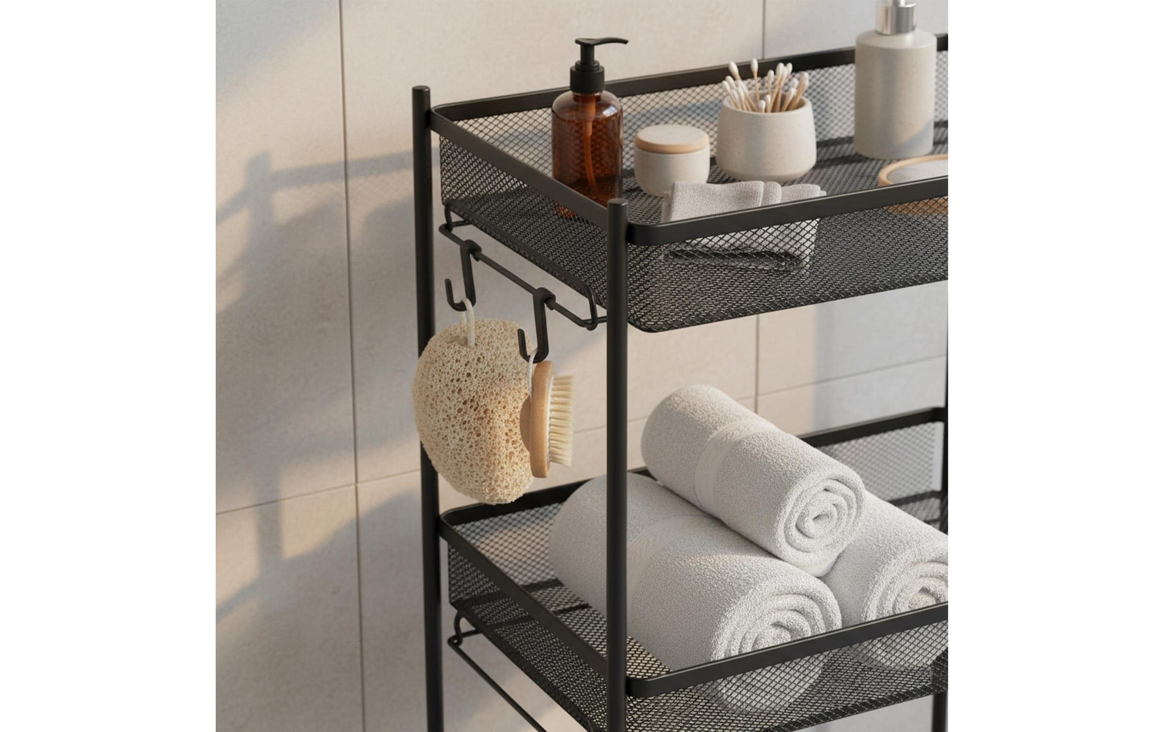 relaxdays Chariot à roulettes »Mesh mit 4 Ebenen 84 x 44.5x 26 cm« Chariot polyvalent mobile avec 4 étagères en filet et 4 crochets en noir
