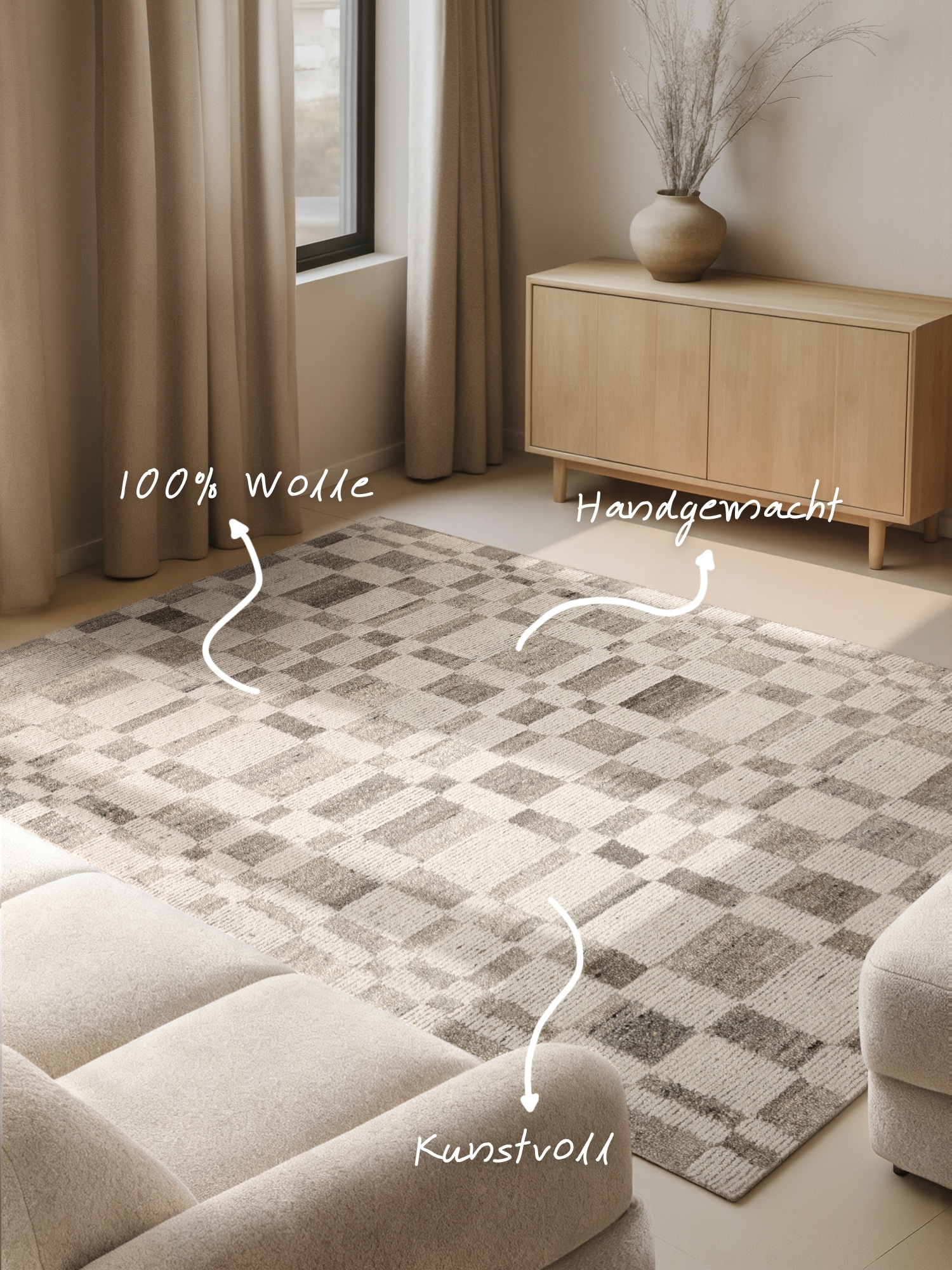 vikosa Tapis en laine »Structa« Rectangulaire 15 mm Höhe Handgemacht, Grafisch, Karo, Natur, Wolle, Wohnzimmer,Schlafzimmer