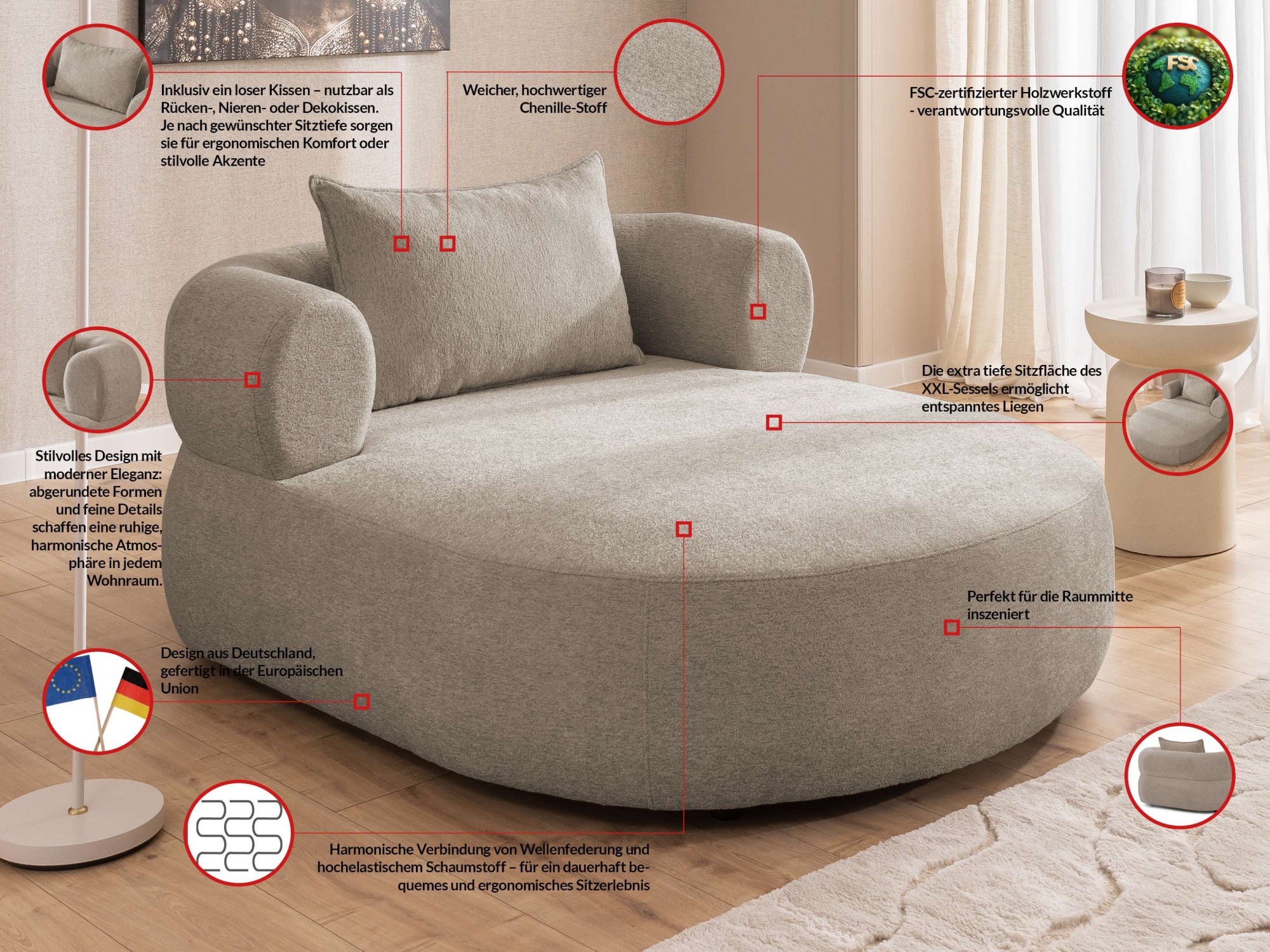 Home affaire XXL-Sessel »LUSSAC Loveseat extra tief, grosse Sitzfläche, Masse B/T/H: 123/158/78cm« hoher Sitzkomfort und modernes Design, Sofa ohne Bettfunktion