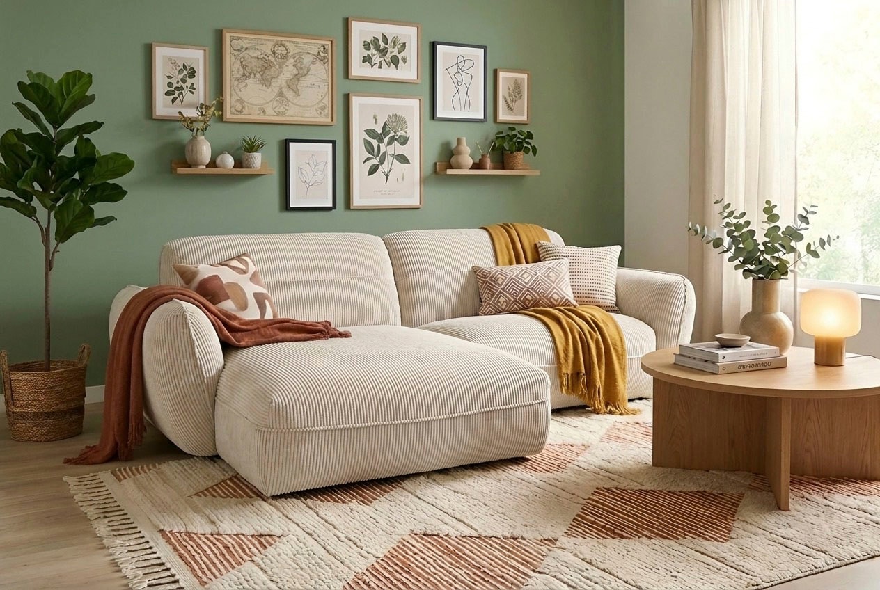 TRENDMANUFAKTUR Canapé d'angle »Be Chilled, modernes Lounge-Design mit stilvoller Kedernaht« avec confort d’assise doux, en velours côtelé de haute qualité à toucher doux