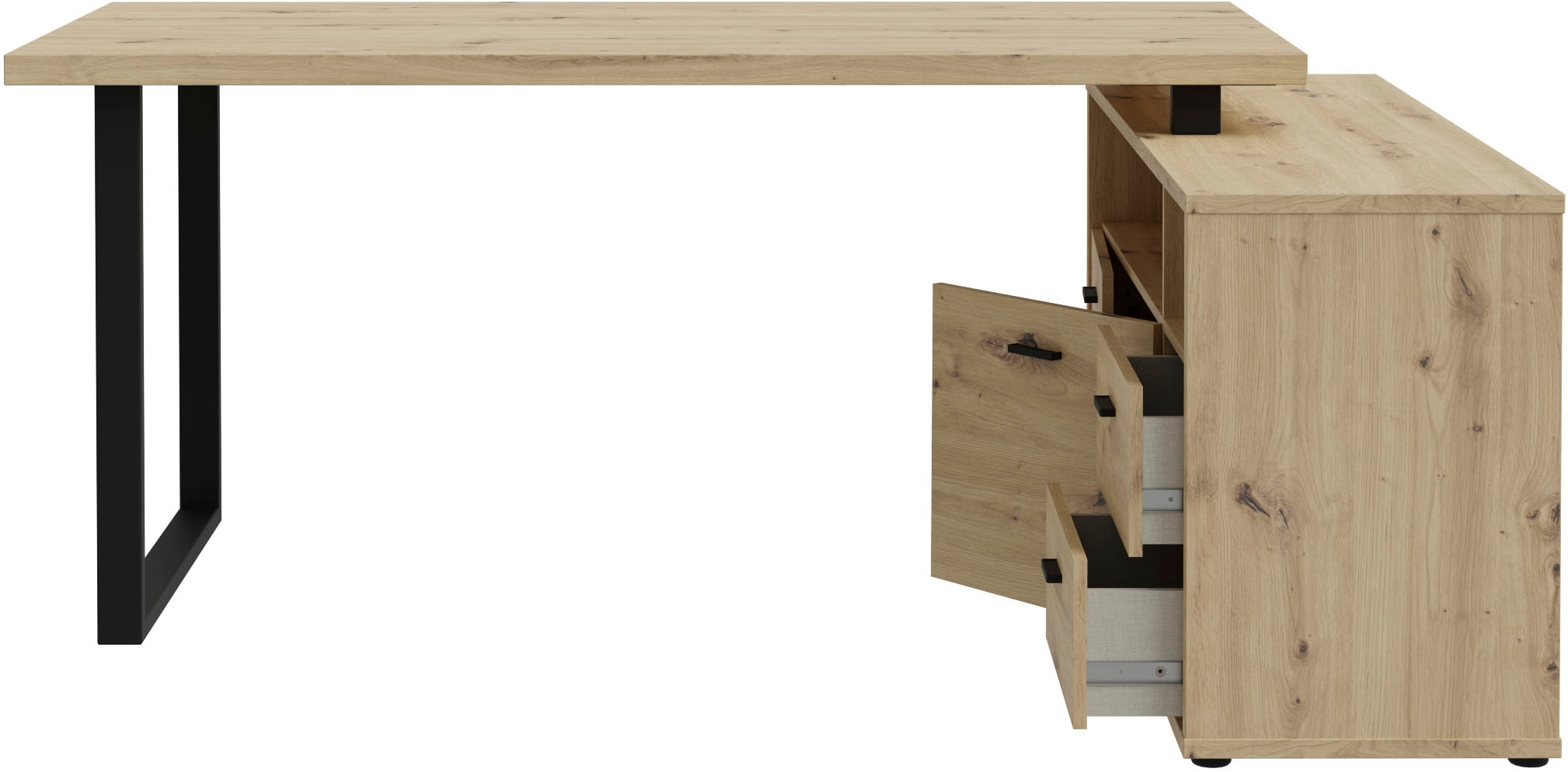 FORTE Bureau d'angle »Goldsboro« avec 2 tiroirs & portes, patins et poignées en métal noir, 124x181 cm