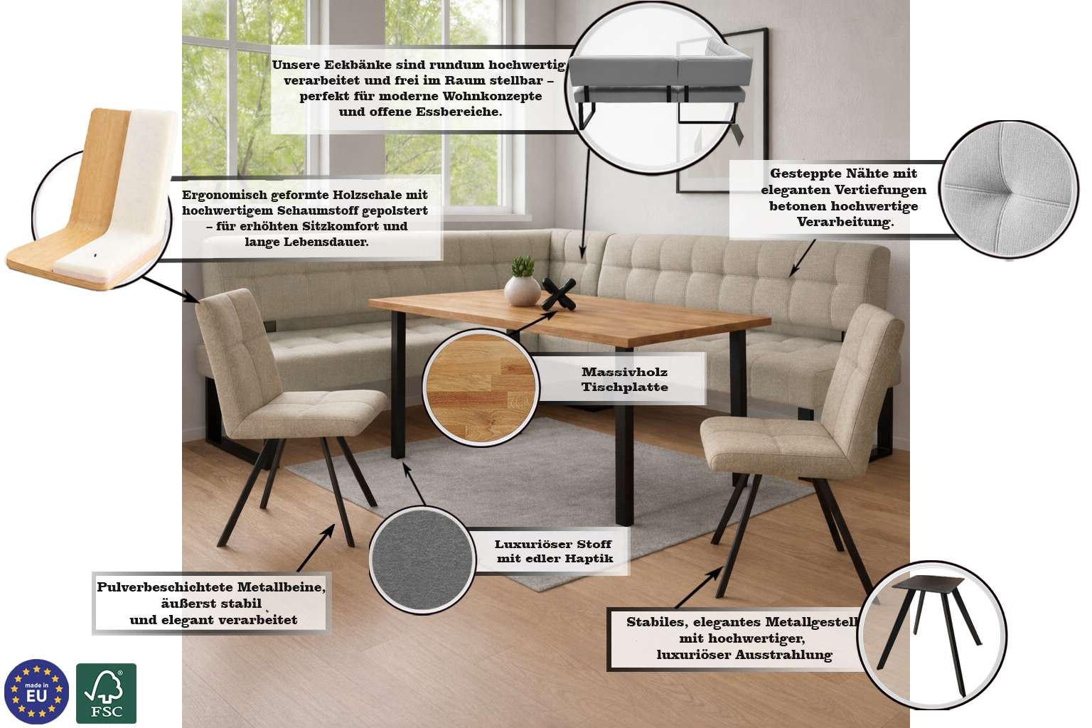 Home affaire Ensemble de bancs d'angle »Mia Essecke, Sitzgruppe, Eckbankgruppe, Küchenbankgruppe« Set, 4er, 4 tlg. Eckbank mit Wellenfederung; Tisch in Eiche massiv