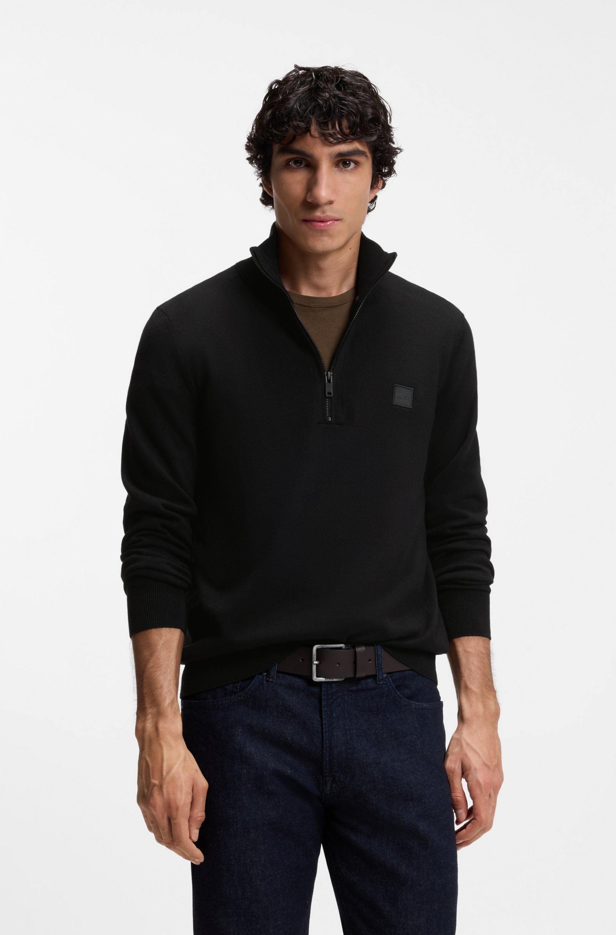 BOSS ORANGE Pull à col roulé »Kanobix Half Zip Cotton Cashmere« coupe régulière, col montant avec fermeture éclair, logo ton sur ton