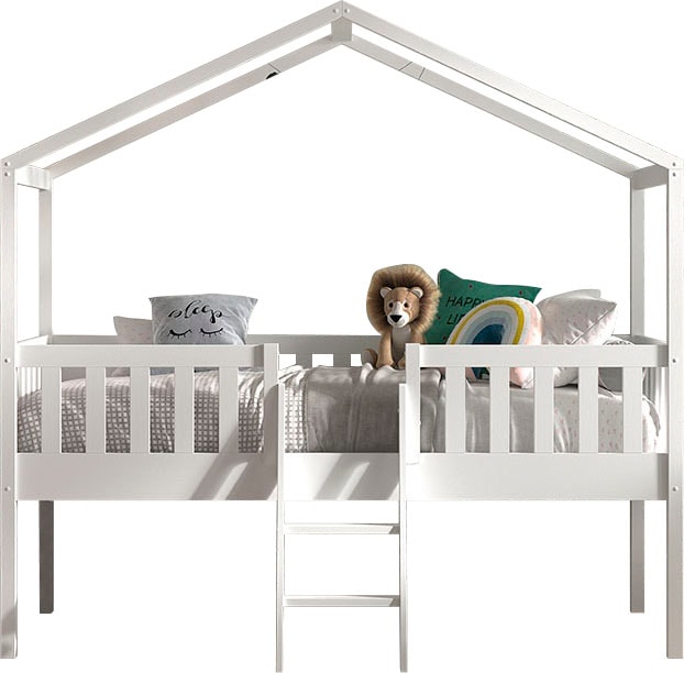 Vipack Hausbett »Kiefer massiv weiss lackiert, Made in Europe, stabil gebaut« B/H/T ca. 213x201,8cm, wahlweise mit und ohne Rutsche,  mit Leiter, offenem Dach, Rolllattenrost und Absturzschutz
