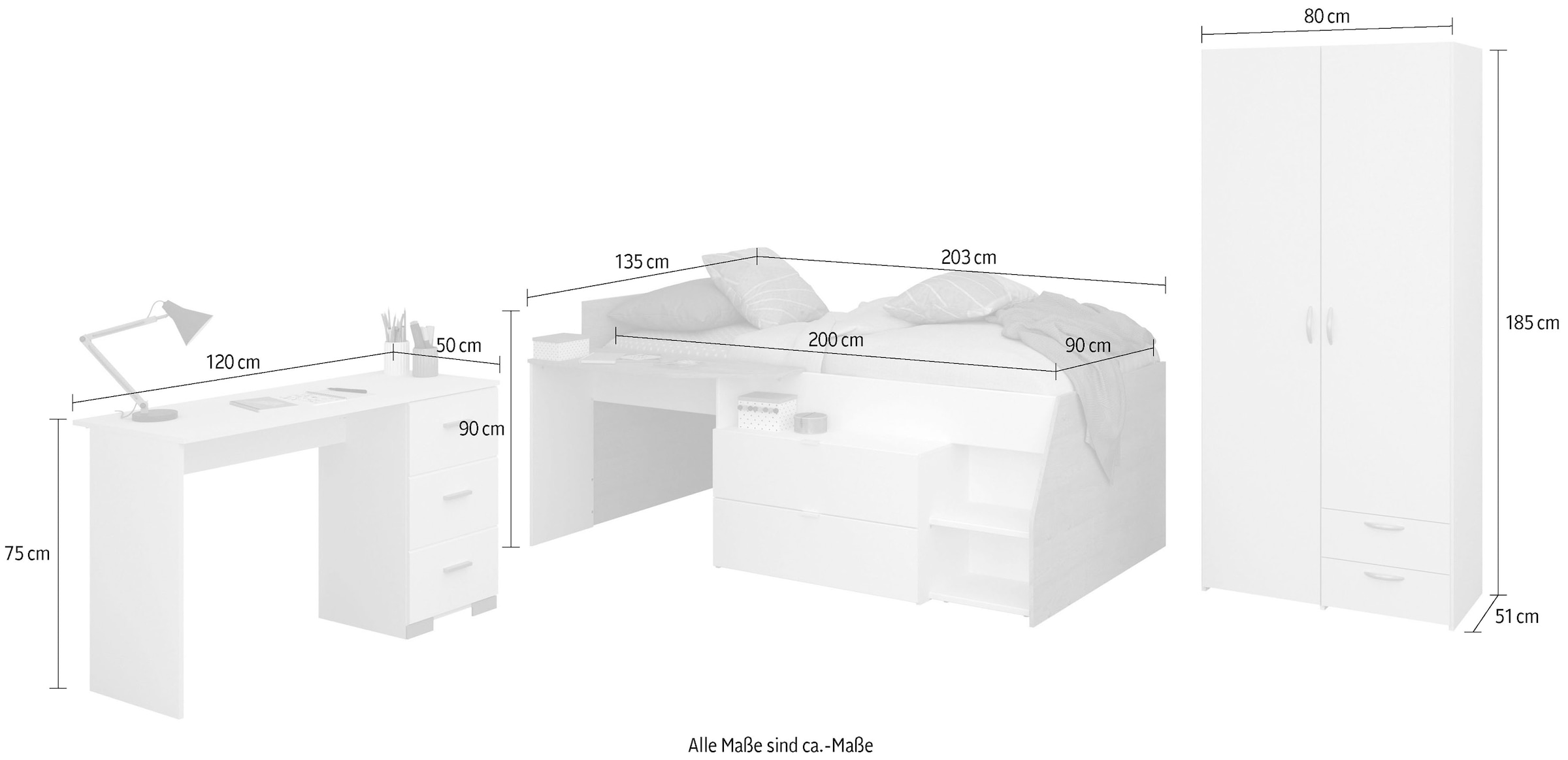 Parisot Set de chambre d'adolescent »Parisot Milky 13« 3 cuis tlg. viel Stauraum, halbhohes Hochbett