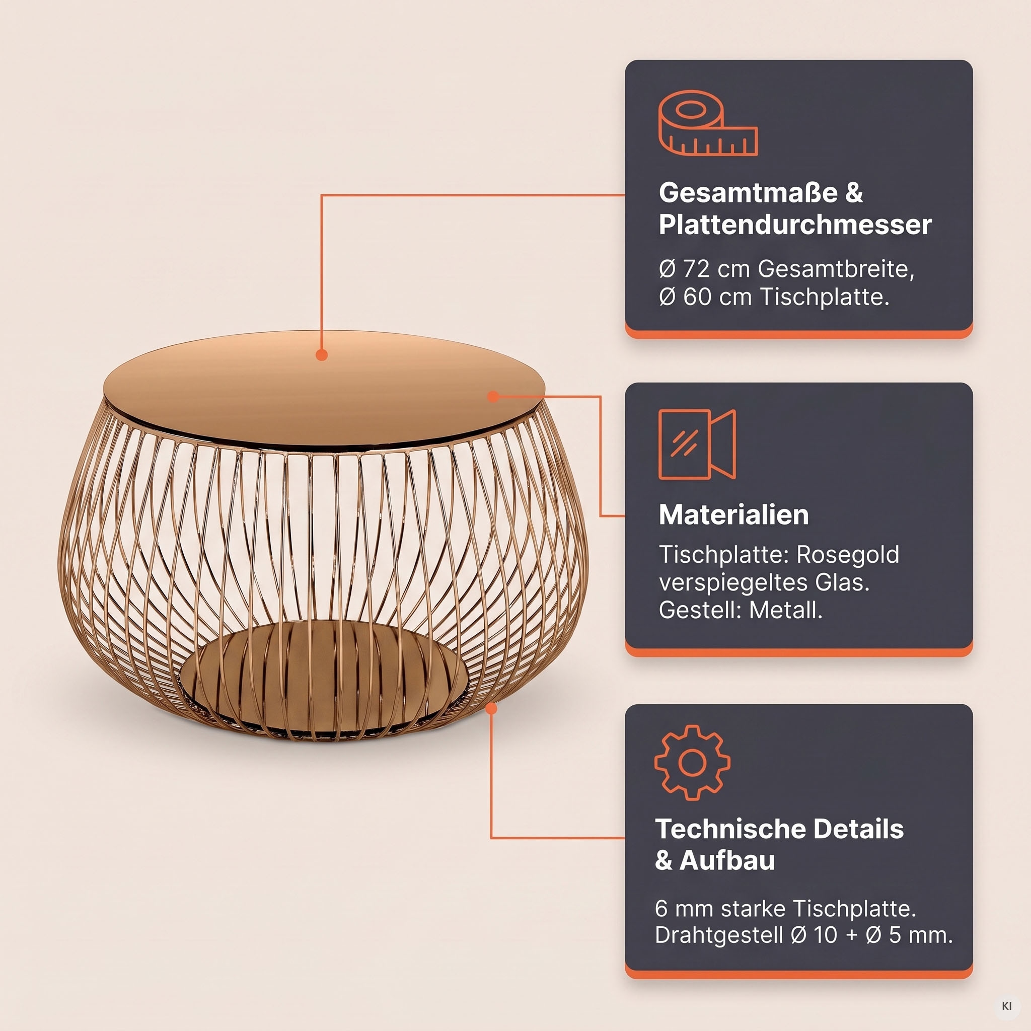 SalesFever Couchtisch »Coffeetable: Stilvolle Wohnzimmer-Ergänzung« Kristallklare Eleganz mit Marmoroptik, rosegoldfarben