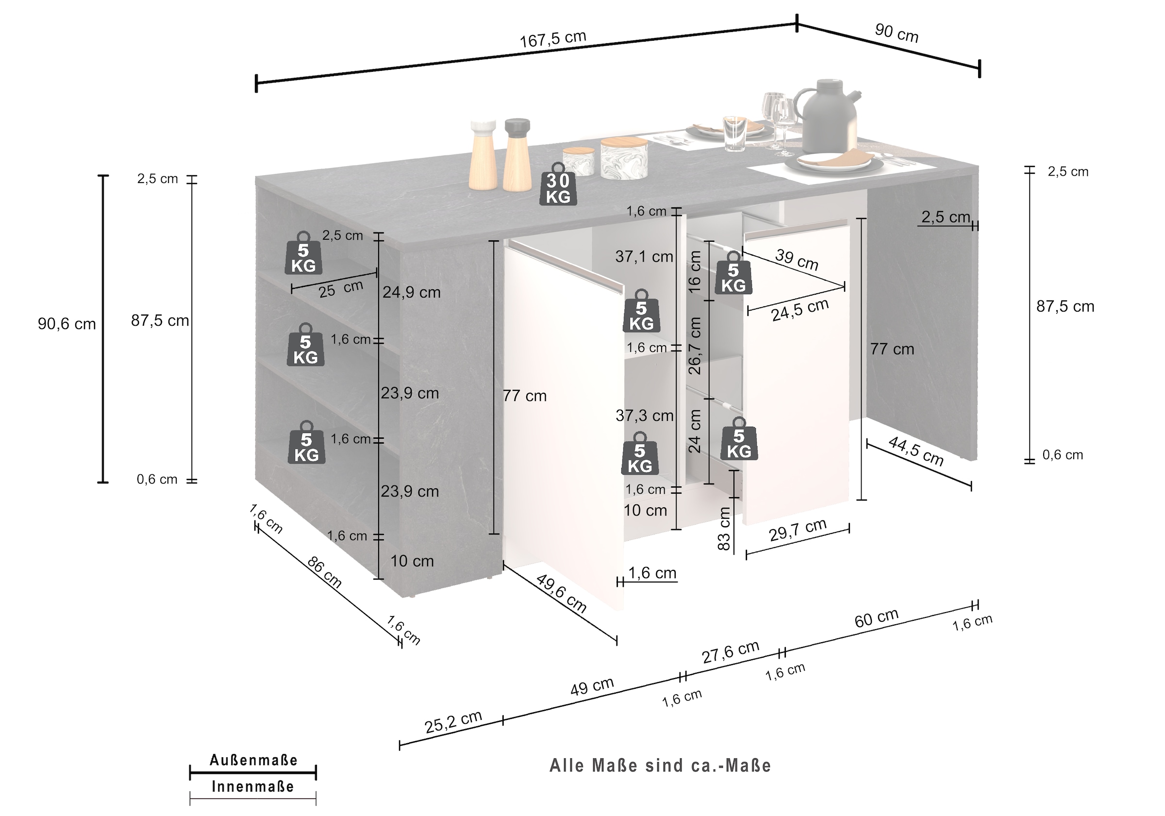 KOCHSTATION Ilot de cuisine »KS-Sole, Kochinsel, Küchenarbeitsblock, Arbeitsinsel, Made in Italy« Breite 167,5 cm, 2 Apothekerauszüge, 2 Essplätze, 1 offenes Regal
