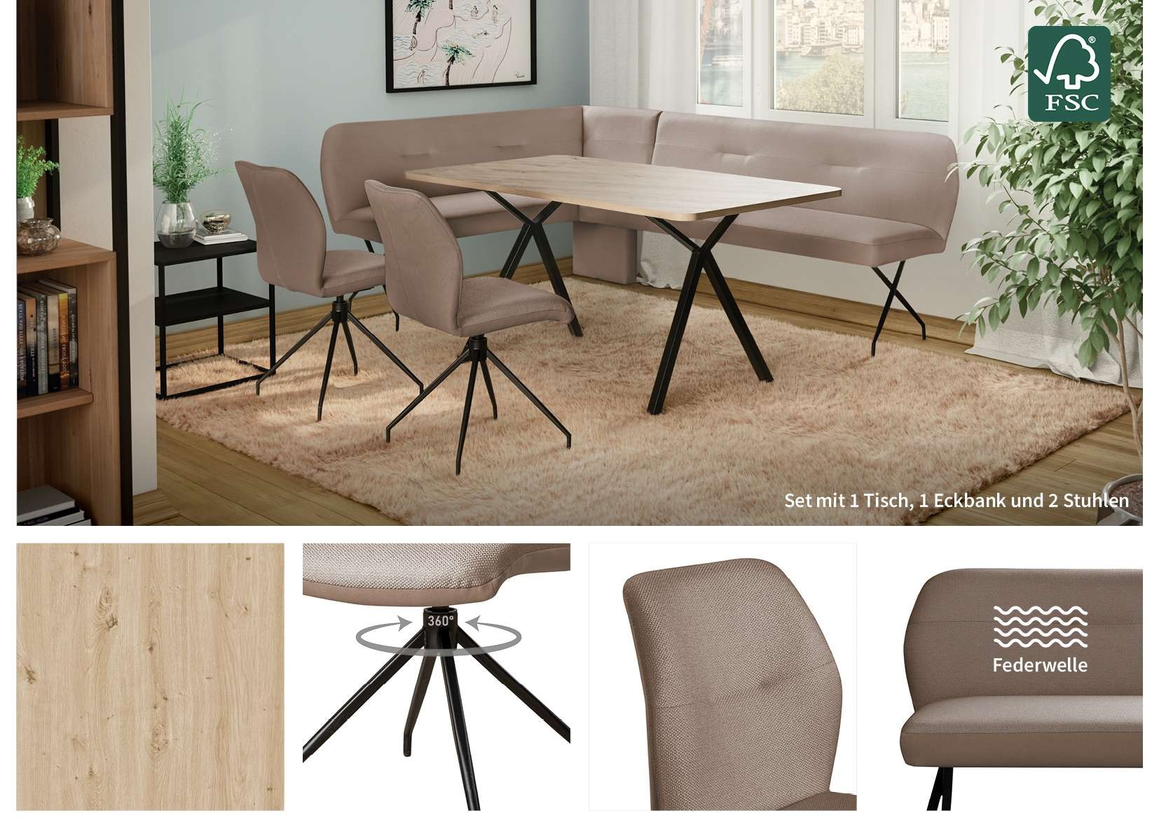 GOODproduct Eckbankgruppe »Gabi Essecke, Sitzgruppe, Eckbankgruppe, Küchenbankgruppe« Set, 4tlg, 4 tlg. tlg. Stuhl: 360° drehbar (Rückst.), 2-Stoff-Design. Wellenfederung Eckbank