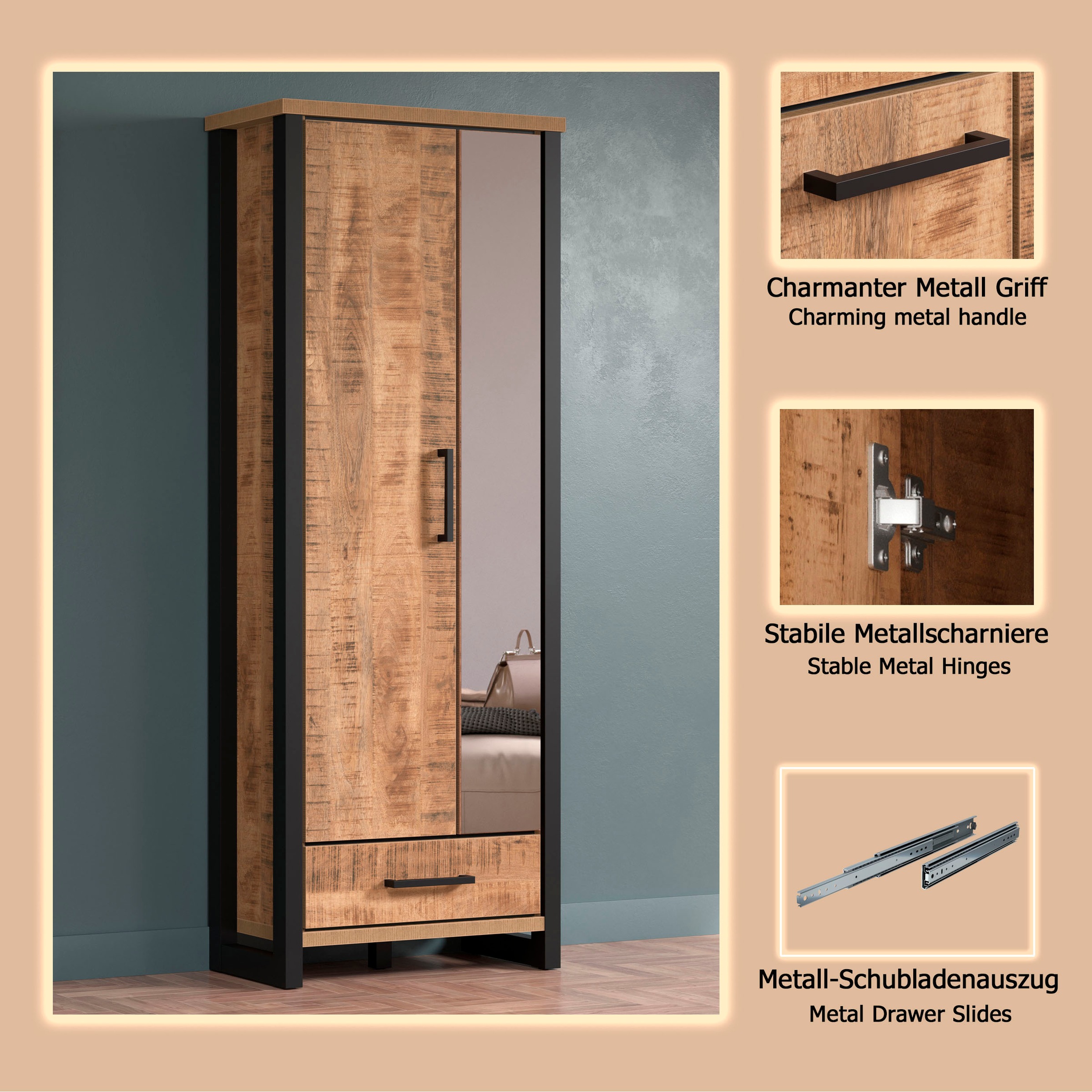 Home affaire Garderobenschrank »Elda« 1 Stk. tlg. Schrank mit ausziehbarer Kleiderstange, 2 Türen – (B/T/H) 73/39/195 cm
