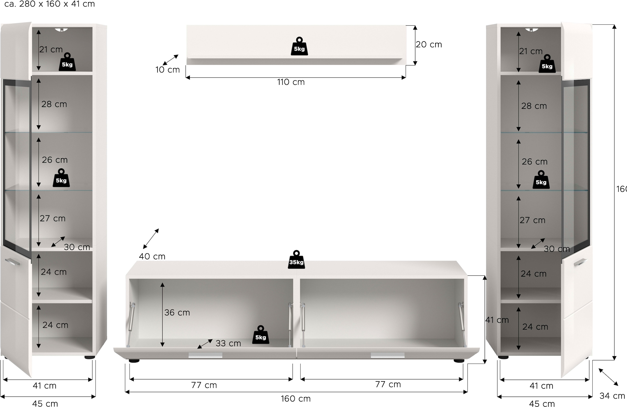 Home affaire Meuble mural »FLORENZ, 4-teilige Wohn-Kombination, hochwertige MDF-Front« Set, Set, best. aus: 2 Vitrinen, 1 Lowboard, 1 Wandboard, 4 cuis tlg.