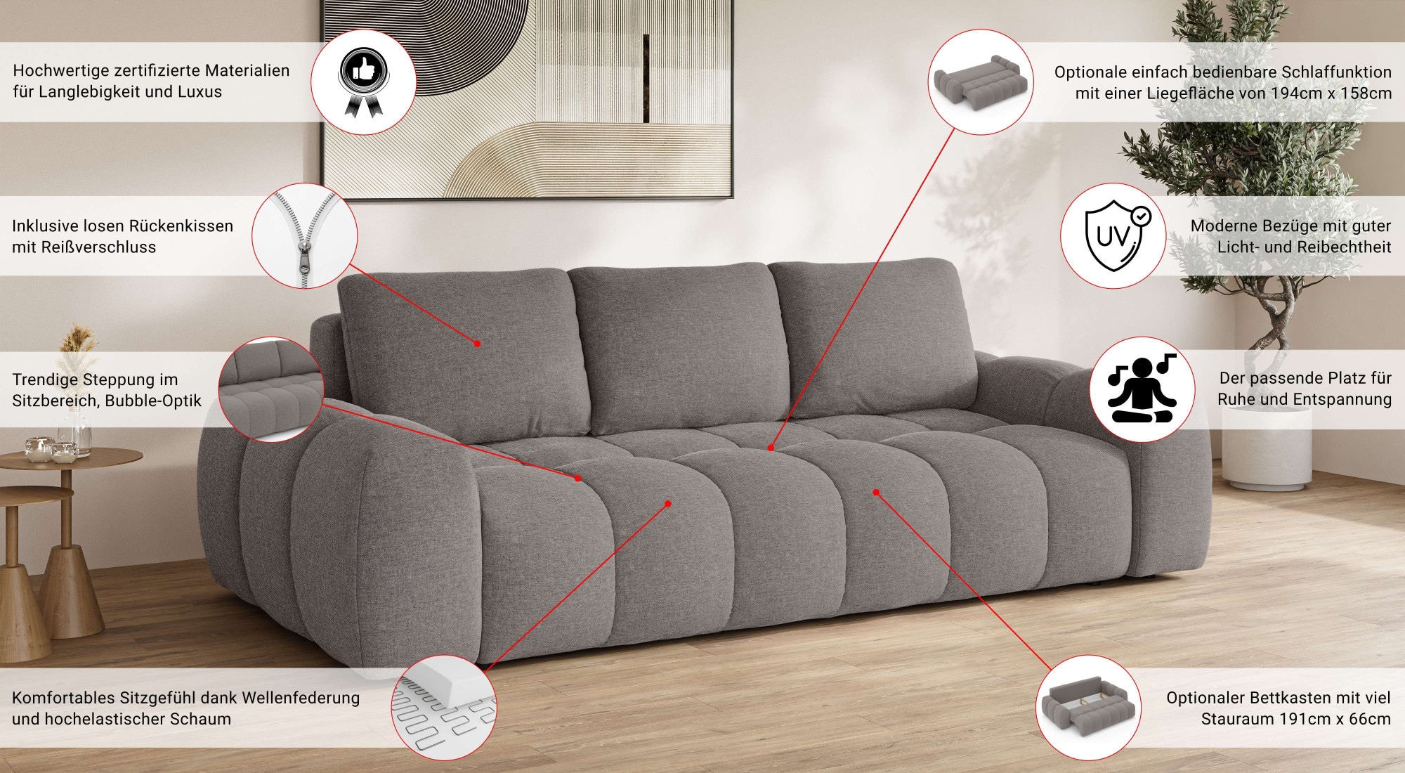 GOODproduct 3-Sitzer »AZITA optionale Schlafsofa mit Bettkasten, Breite 253cm« Sofa mit Wellenunterfederung, Bubble-Optik, Verlässliche Qualität