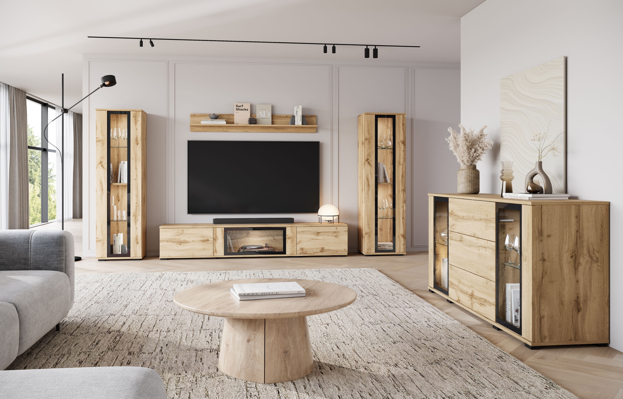 Home affaire Buffet »modernes Design mit Glaseinsätzen und 3 Schubladen, Breite 150 cm« 1 cuis tlg. façades sans poignées avec push-to-open, étagères réglables en hauteur,