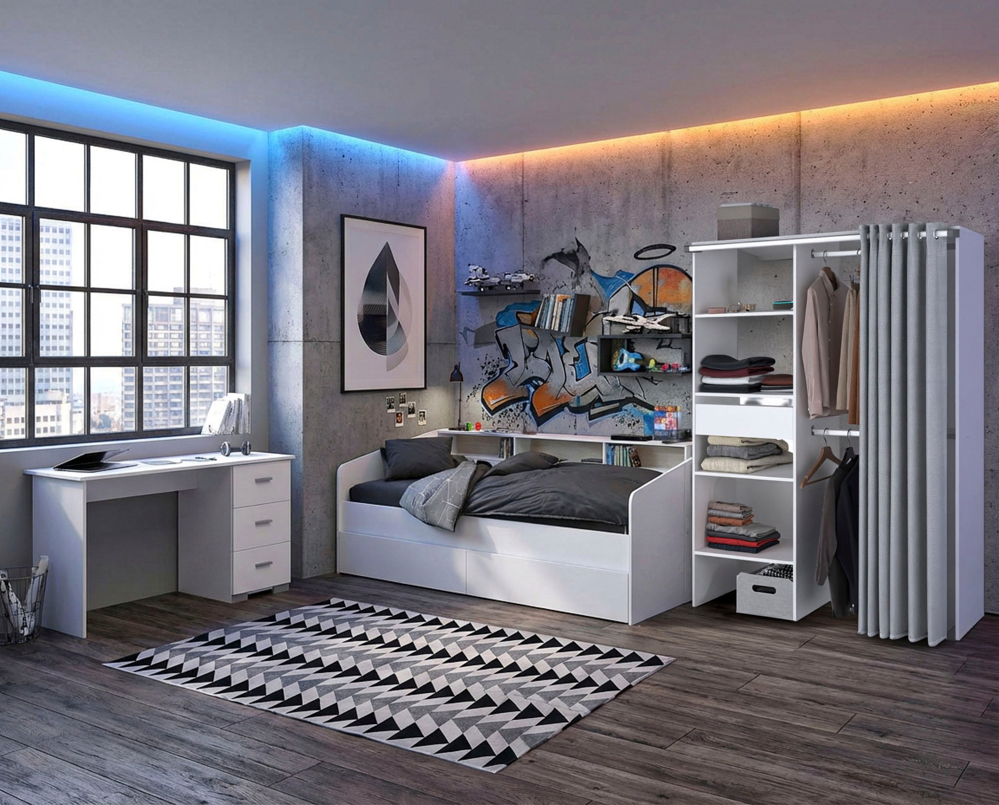 Parisot Set de chambre d'adolescent »Parisot Sleep 12« Ensemble, 3 tlg. paroi arrière du rangement pivotante - blanc ou chêne
