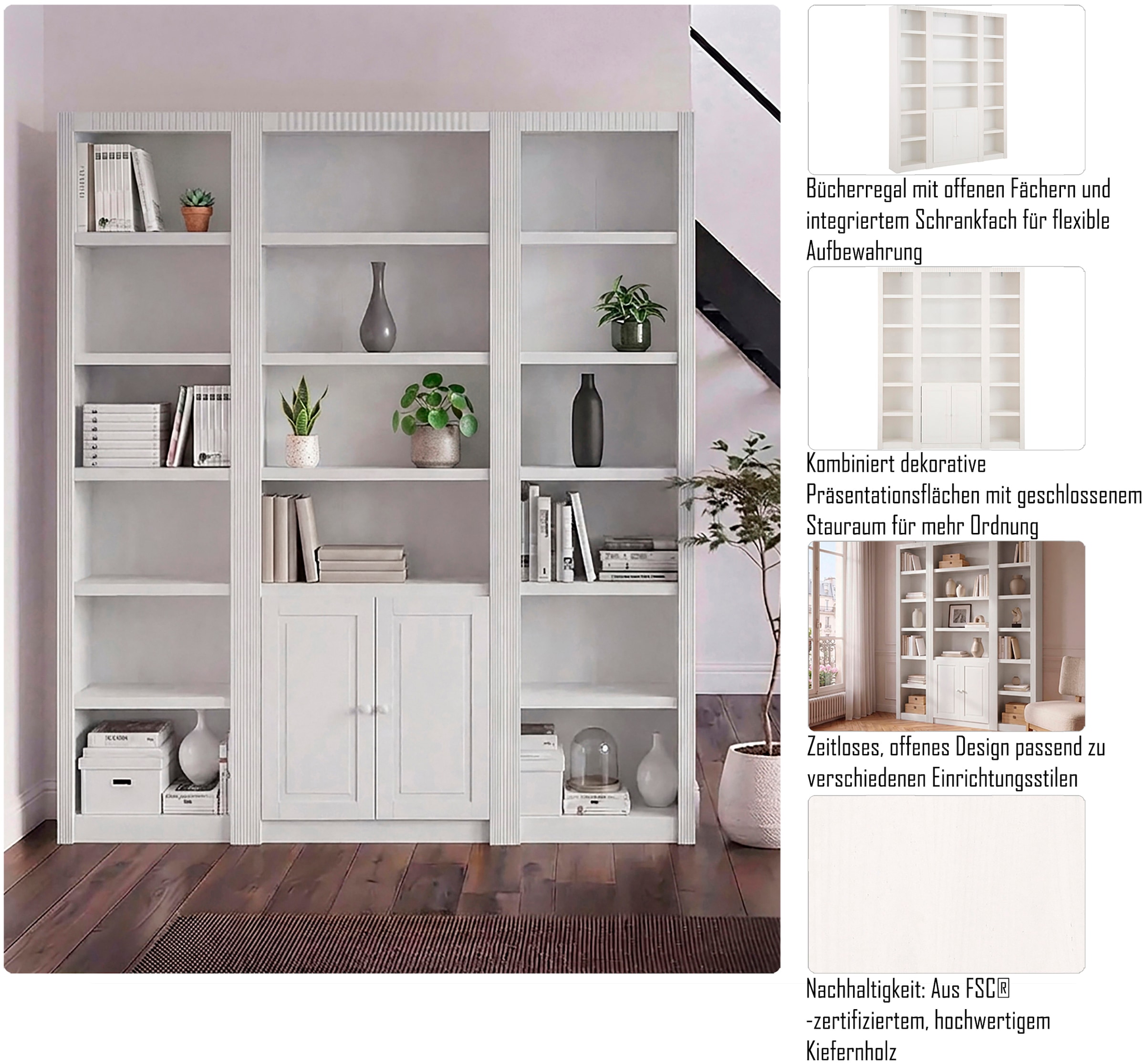 GOODproduct Étagère de séparation »Bergen Bücherrregal, 2 Türen, 9 verstellbare & 6 feste Einlegeböden« en pin massif avec 18 compartiments et 2 portes avec poignées boutons