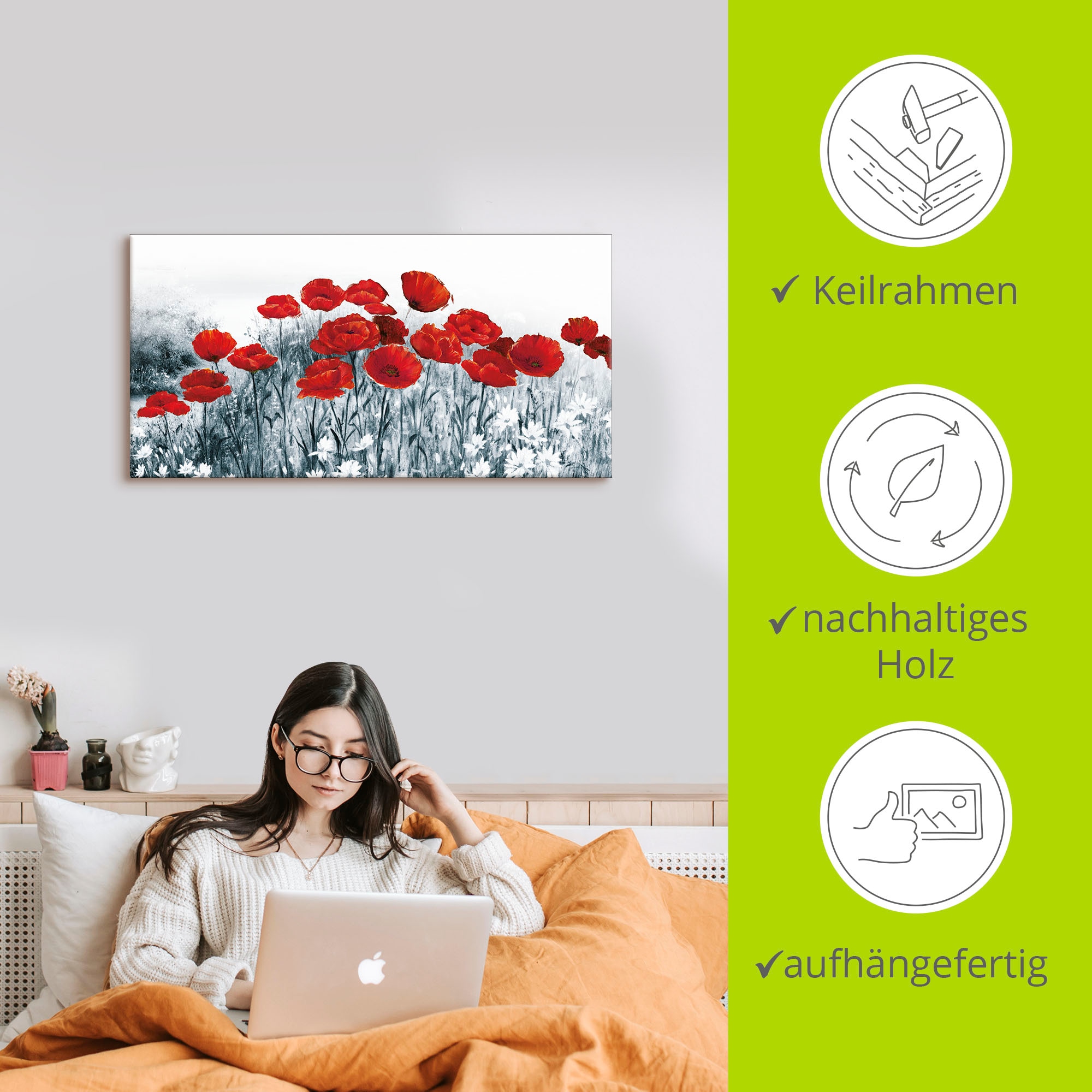 Artland Tableau sur toile »Roter Mohn im Feld« 1 cuis tlg. auf Holzrahmen gespannt