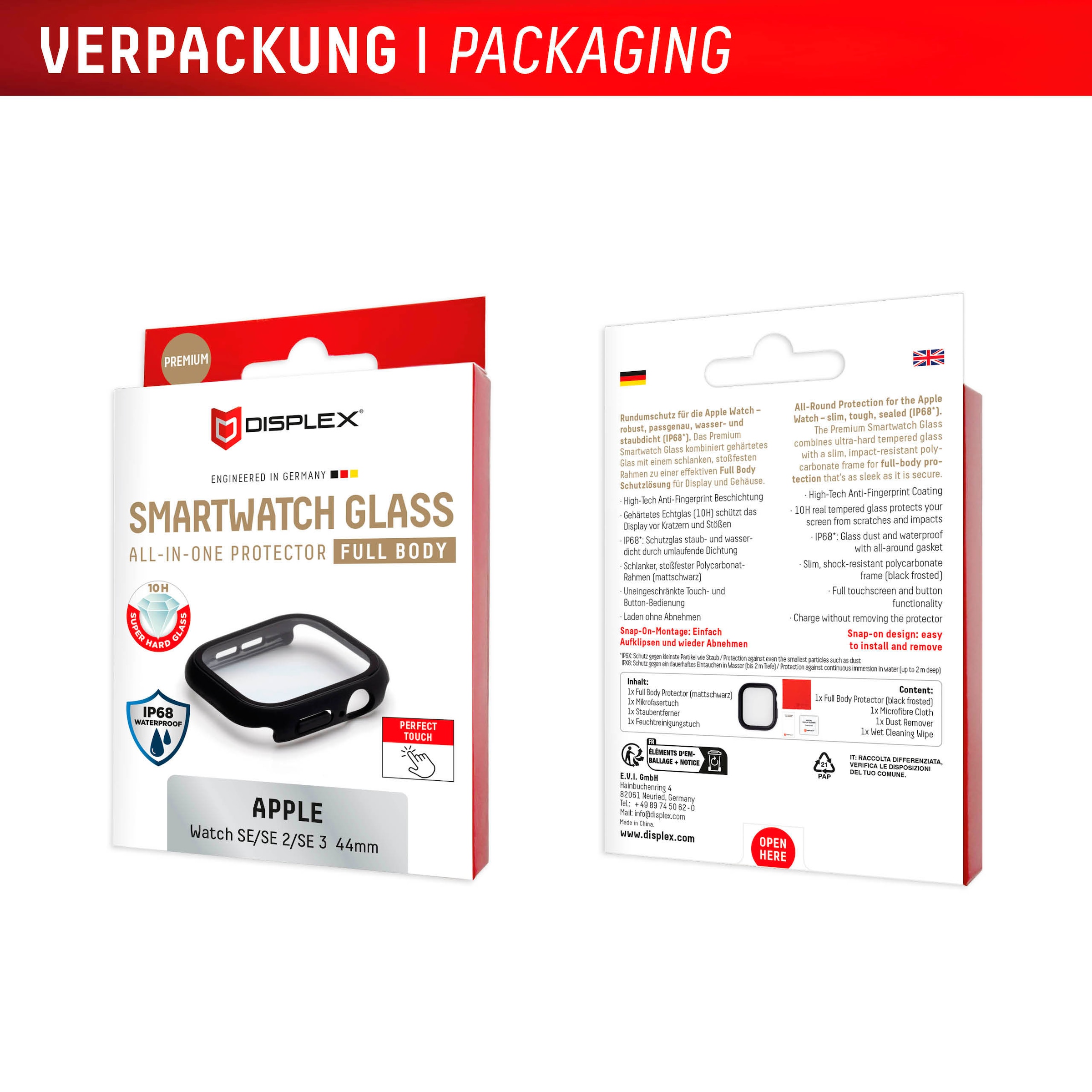 Displex Verre de protection d'écran »Smartwatch Glass All-In-One Protector Full Body« für Apple Watch SE 44 mm;Apple Watch SE 2 44 mm;Apple Watch SE 3 44 mm Displayschutzfolie, Schutzfolie, Bildschirmschutz, kratz- & stossfest