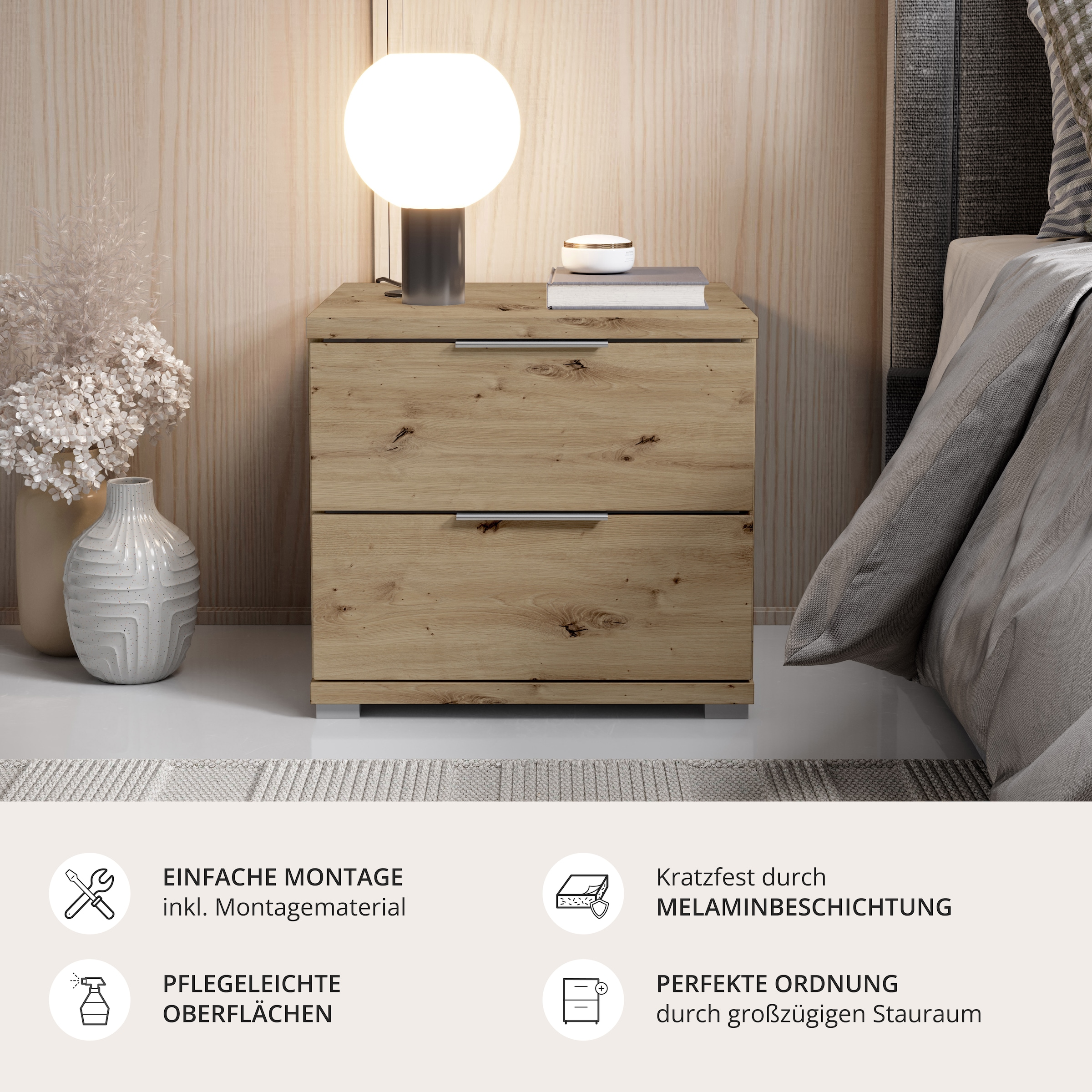 Schlafkontor »Smilla Nachttisch, Nachtkonsole mit Schubkästen« Korpus melaminbeschichtet, silberfarbige oder schwarze Griffe