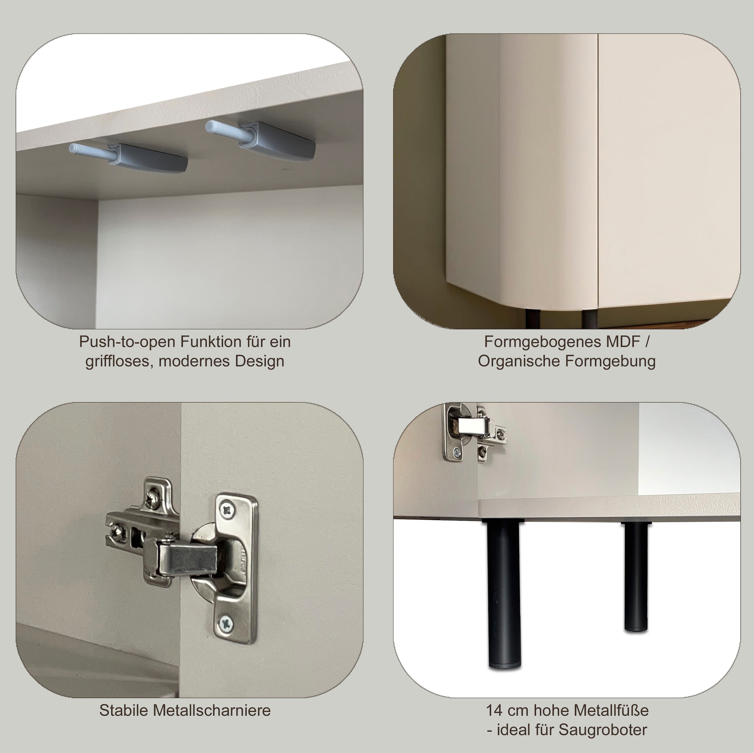 GOODproduct Sideboard »Lido, 231 cm breit, 4 Türen, Anrichte, Kommode, Stauraumschrank« Formgebogenes MDF, Stirnseiten mit Rundung, Push-to-open, Metallfüsse