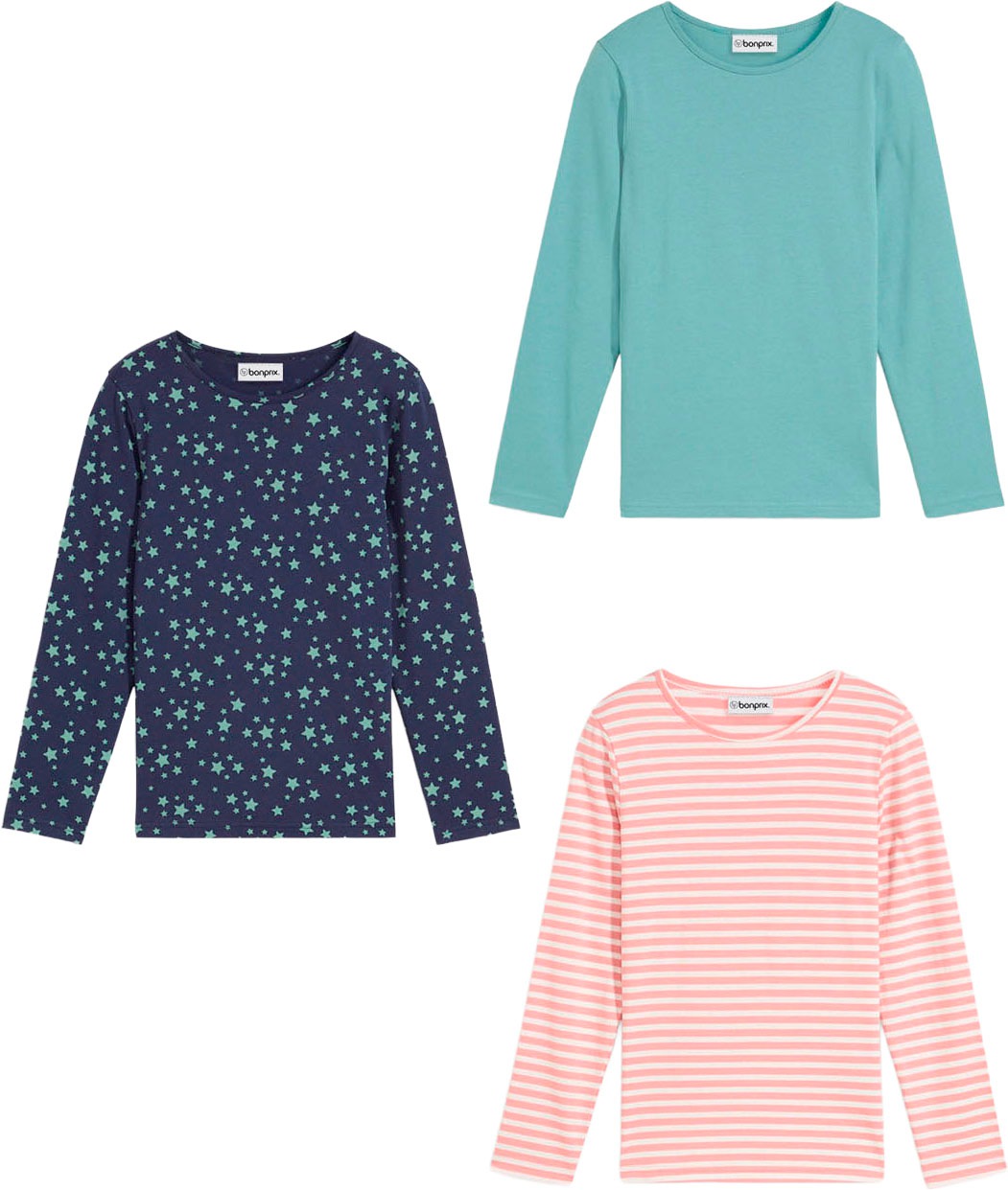 bonprix T-shirt à manches longues Packung, 3, 3 cuis schmale Passform, Langarm-Ärmel, aus Baumwolle