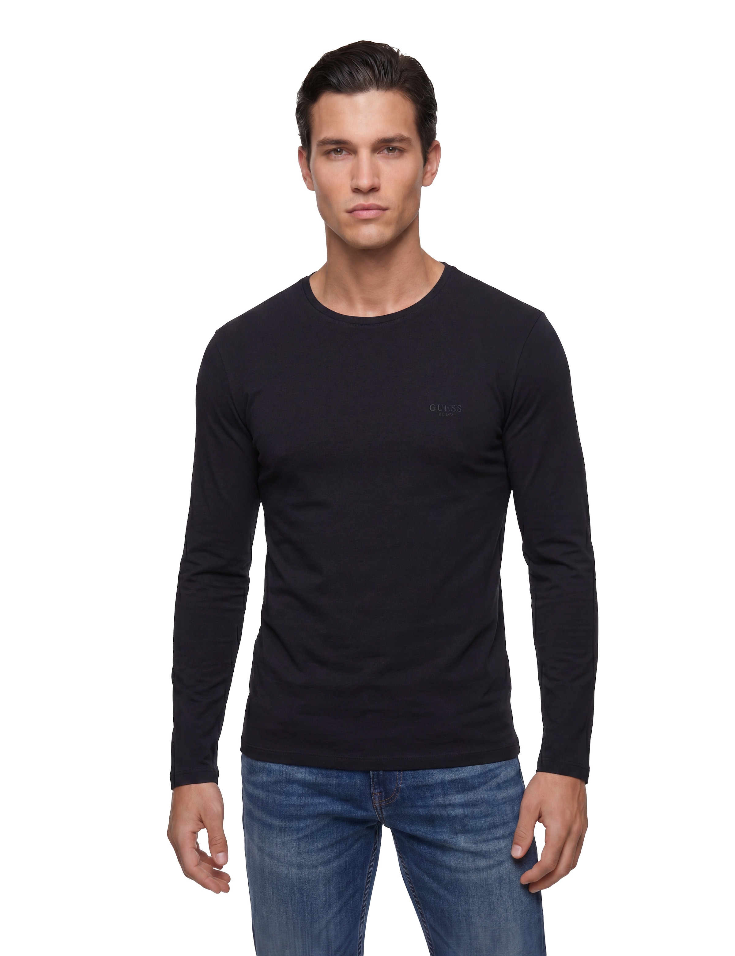 Guess Langarmshirt Rundhalsausschnitt, Bamwoll-Mix, Logodrck