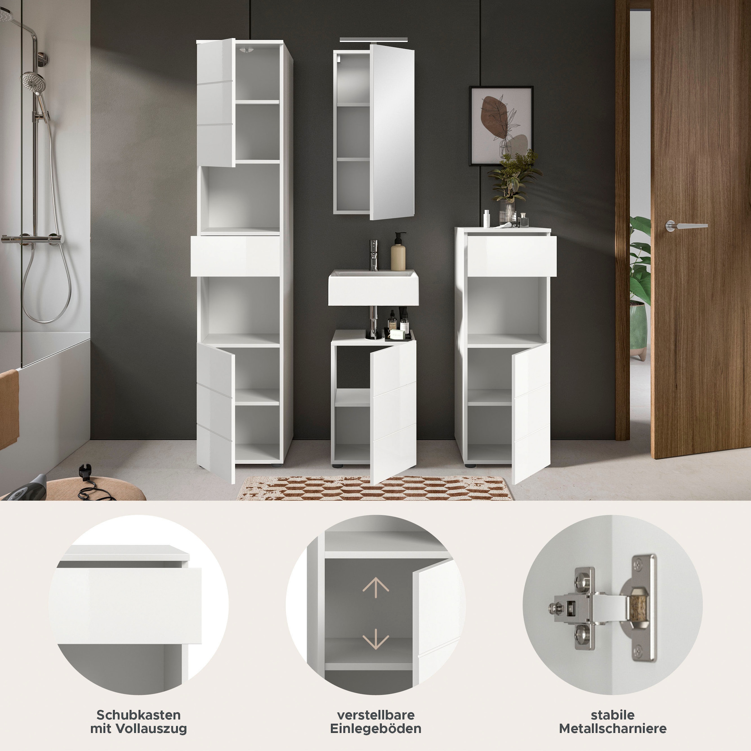 welltime Ensemble de meubles de salle de bain »Biel, Höhe 190 cm,Hochschrank,WBU, Spiegelschrank, Unterschrank, Lampe« 5 cuis tlg.