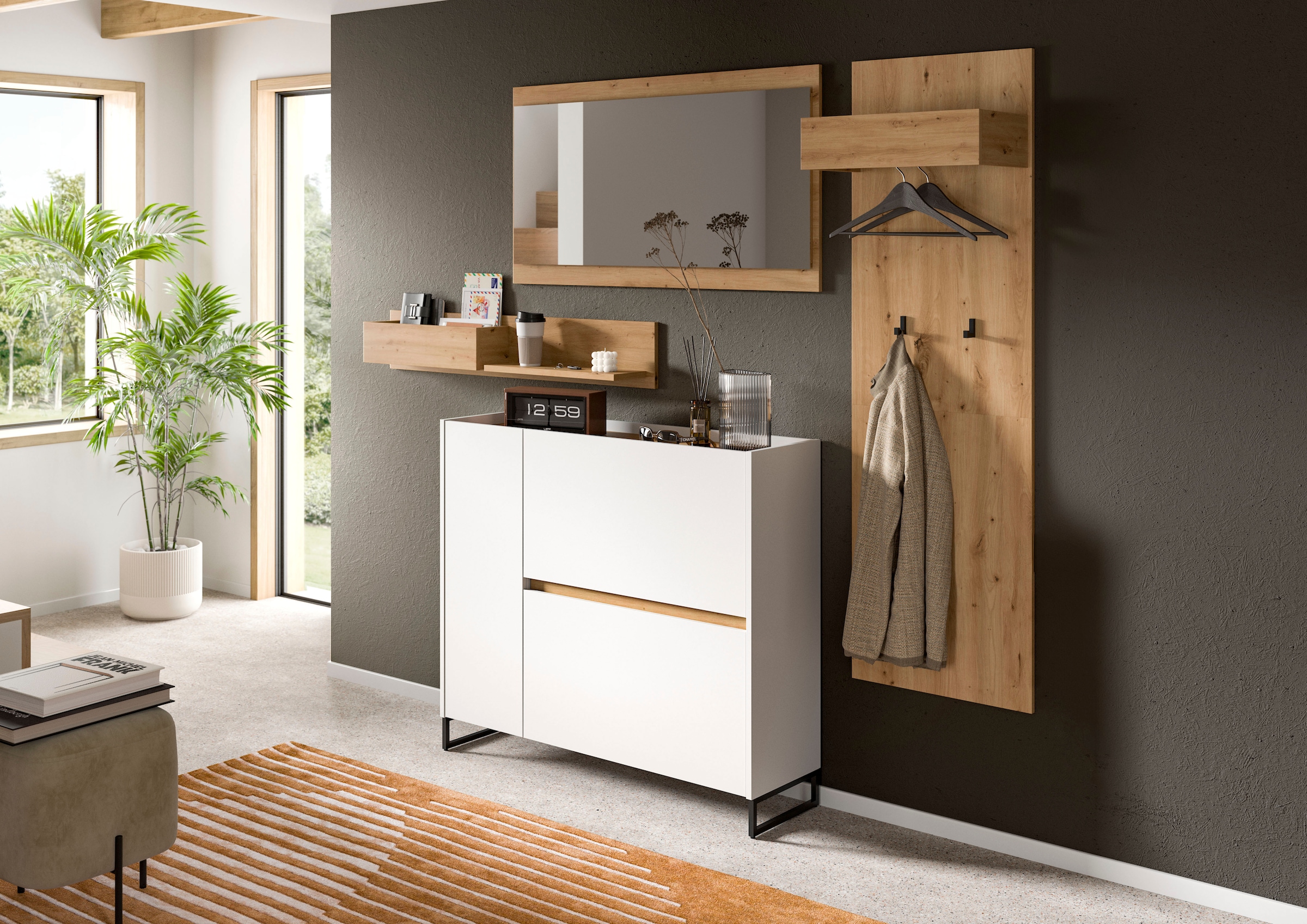 Home affaire Ensemble de vestiaires »EVRID, 3-teilig, Breite 175 cm, individuell stellbar & erweiterbar« composé de : commode, miroir et panneau de rangement, 4 cuis tlg.