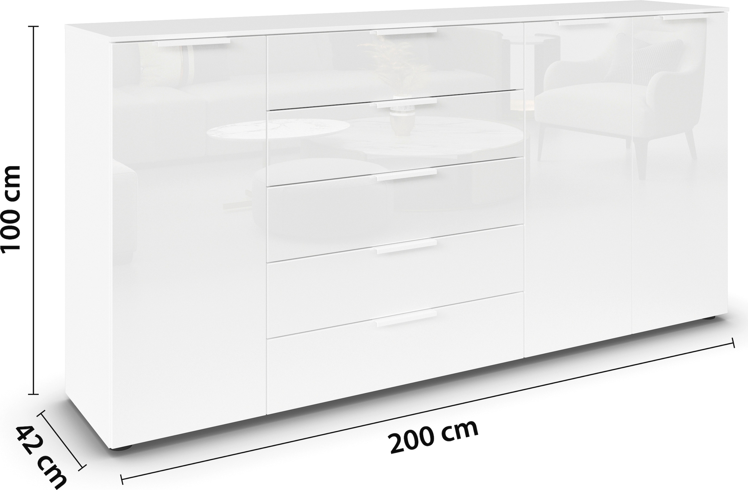 rauch Kombikommode »Kommode Türkommode Sideboard Kombikommode FLIPP mit Glasfront« Breite 200 cm mit 4 Einlegeböden,  3-türig mit 5 Schubladen und Soft-Close-Funktion sowie Glasfront