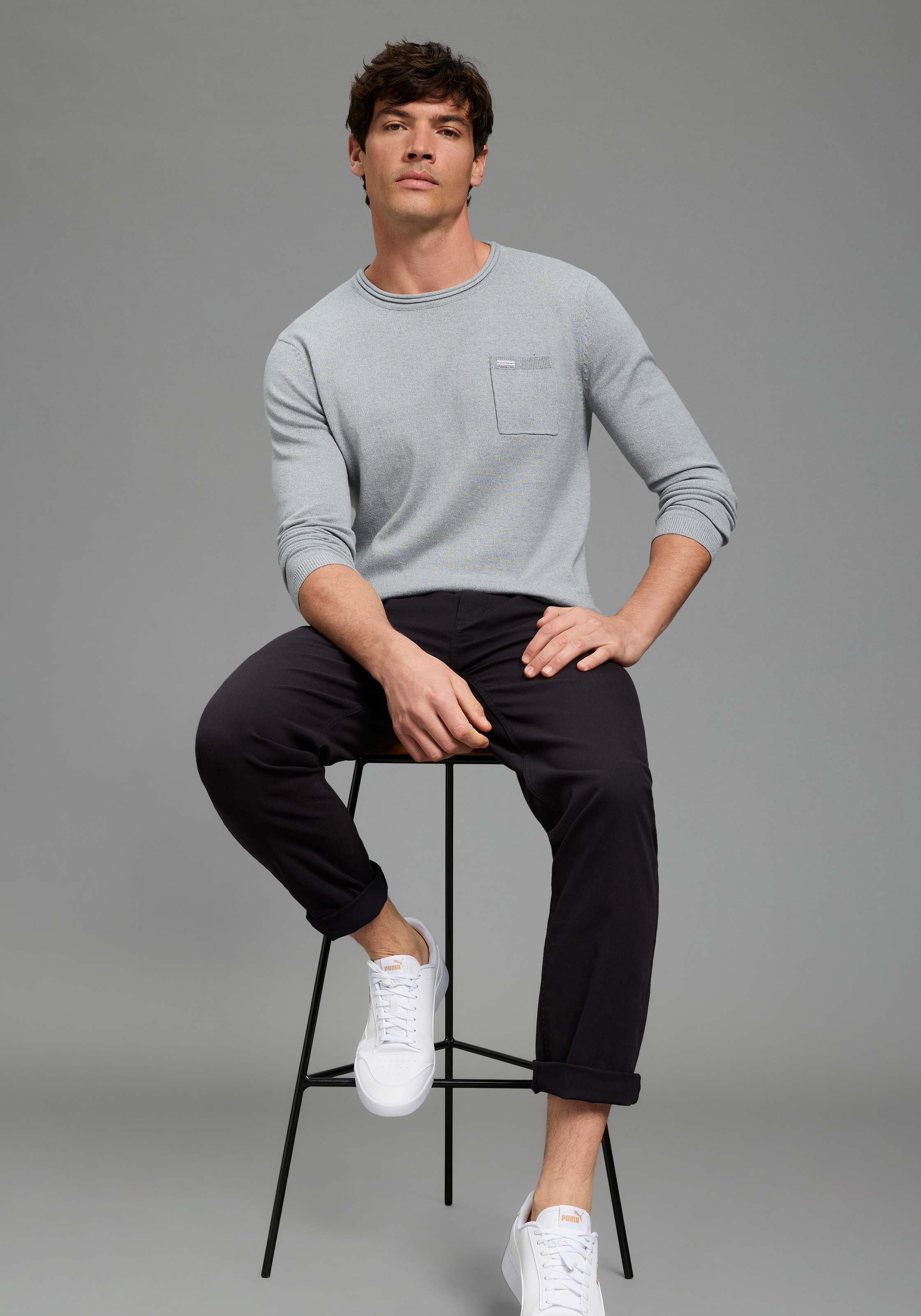 Bruno Banani Pull à col rond aus Baumwolle, mit Rundhalsausschnitt, Langarm, melierte Optik