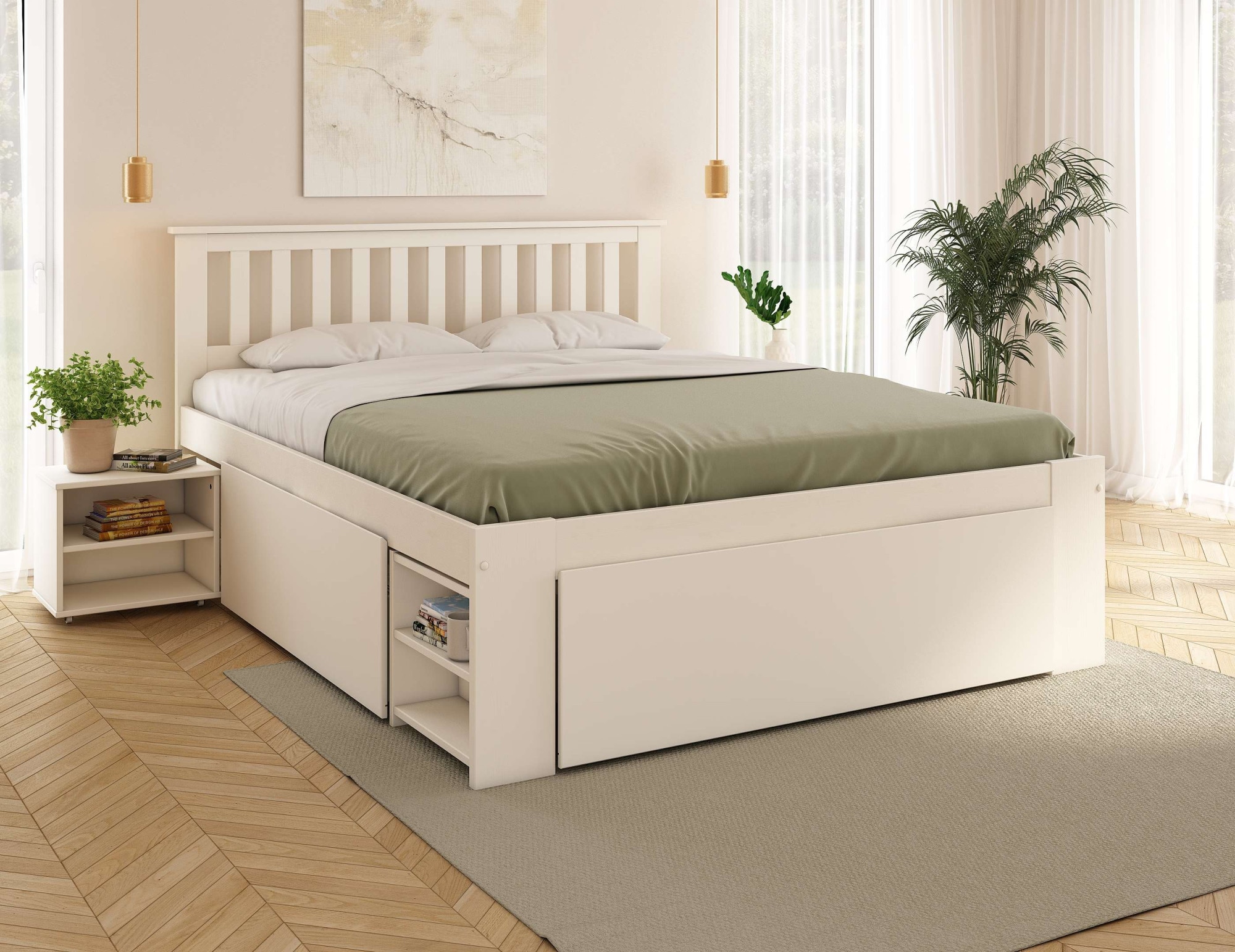 GOODproduct Lit en bois massif »Kallvin, platzsparend, 3 Bettkästen, Nachtschränke ausziehbar« comprend un sommier à lattes, 3 coffres de lit, certifié FSC®