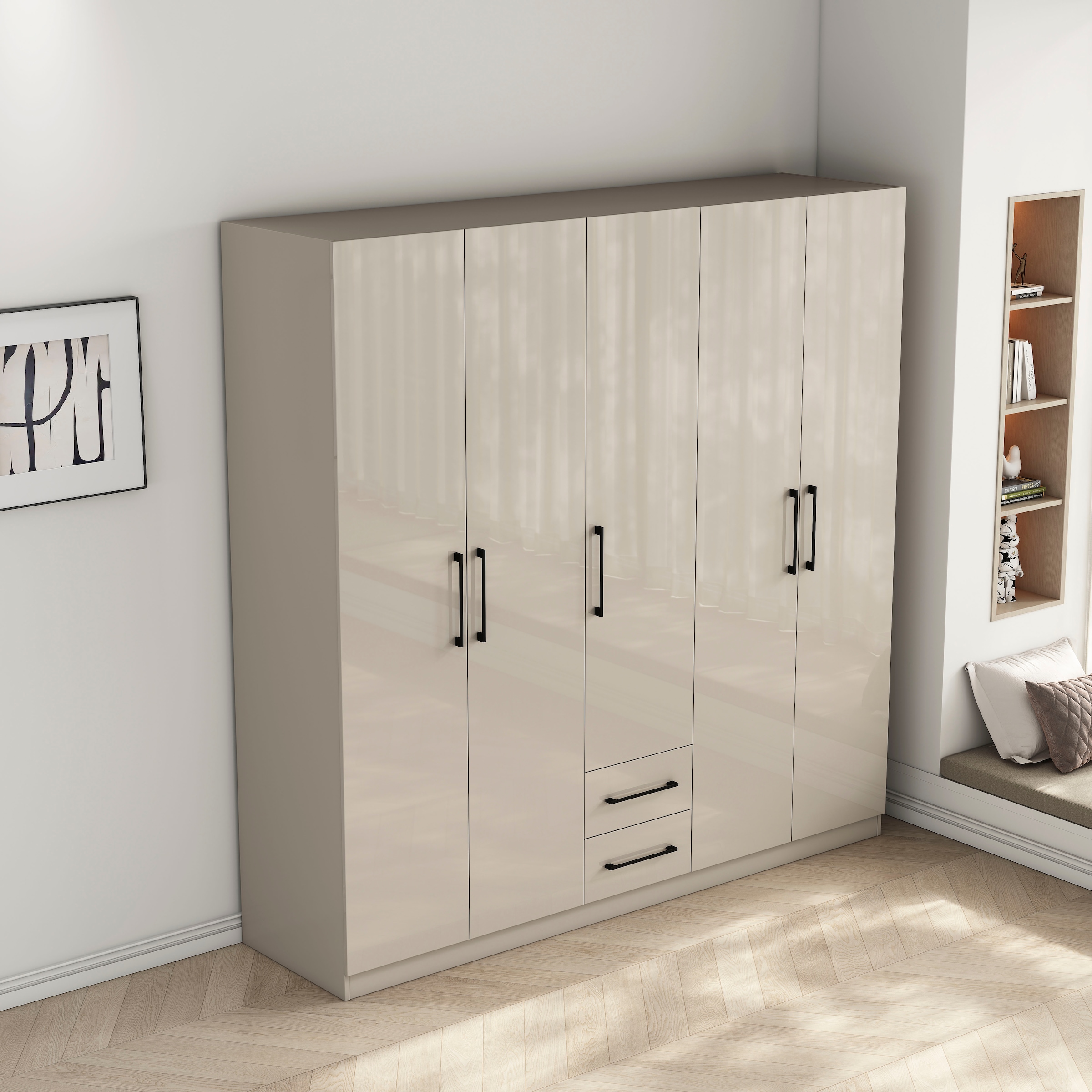 GOODproduct Armoires à vêtements »Sylt Schlafzimmerschrank Garderobe Schrank  in hochglanz weiss« 5 portes, 2 tiroirs, poignées noires modernes, 7 étagères,  Armoire à portes tournantes avec aménagement intérieur parfait, largeur 200cm
