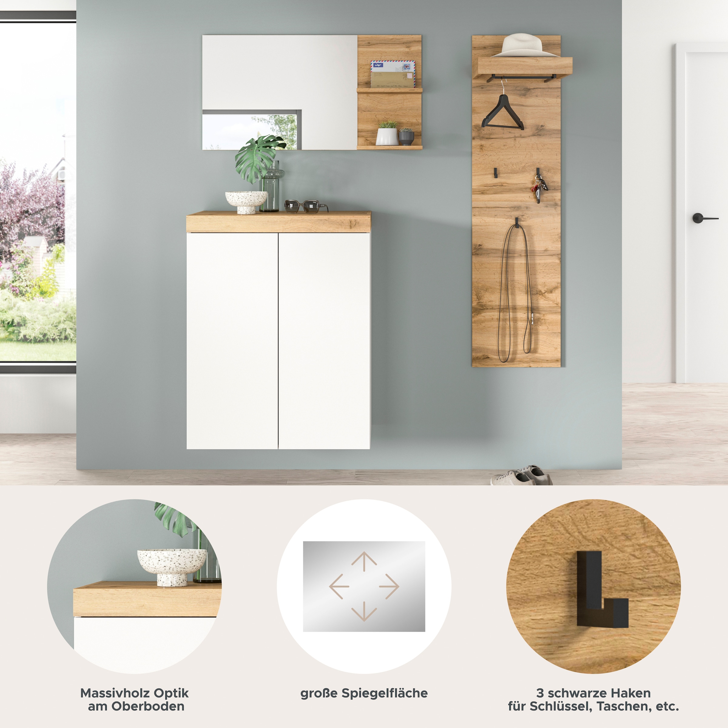 GOODproduct Ensemble de vestiaires »MAMBO, TOPSELLER!, 3-teilige Kombination, stehend & hängend montierbar« bestehend aus: Kommode, Spiegel, Garderobenpaneel, 3 cuis tlg.
