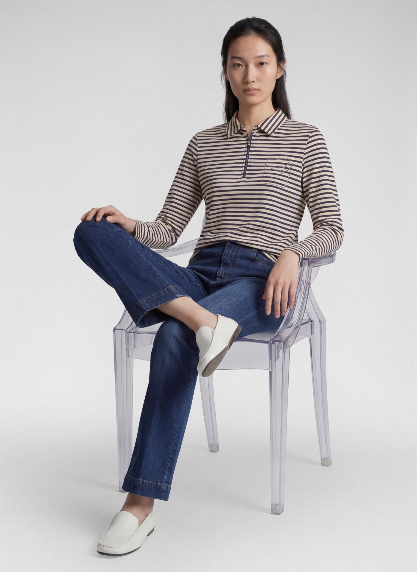 Rabe T-shirt à manches 3/4 im Streifen-Look und mit Hemdblusenkragen