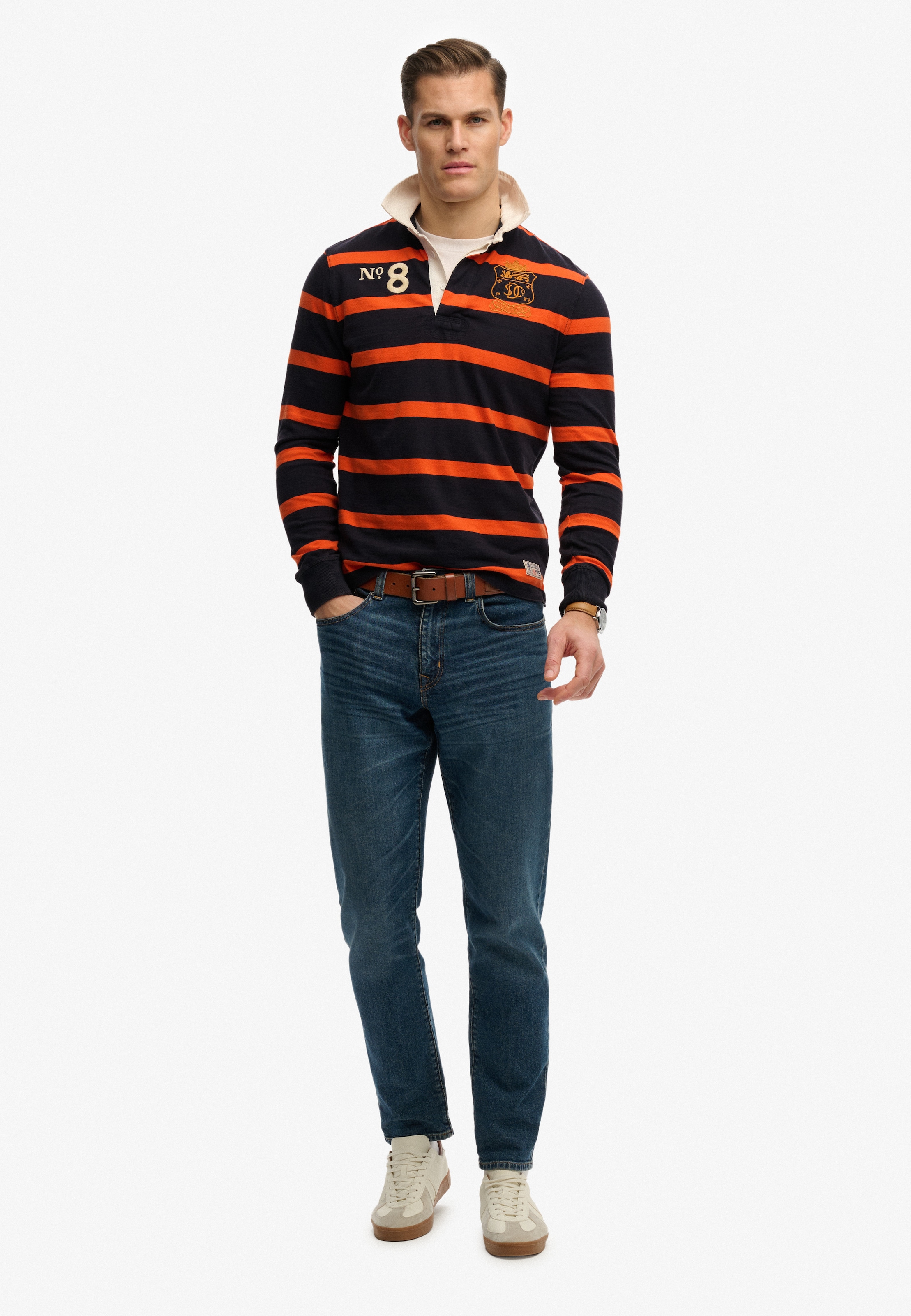 Superdry T-shirt à manches longues »DOUBLE EMBLEM STRIPE RUGBY« en coton et jersey simple, coupe décontractée, aspect rayé