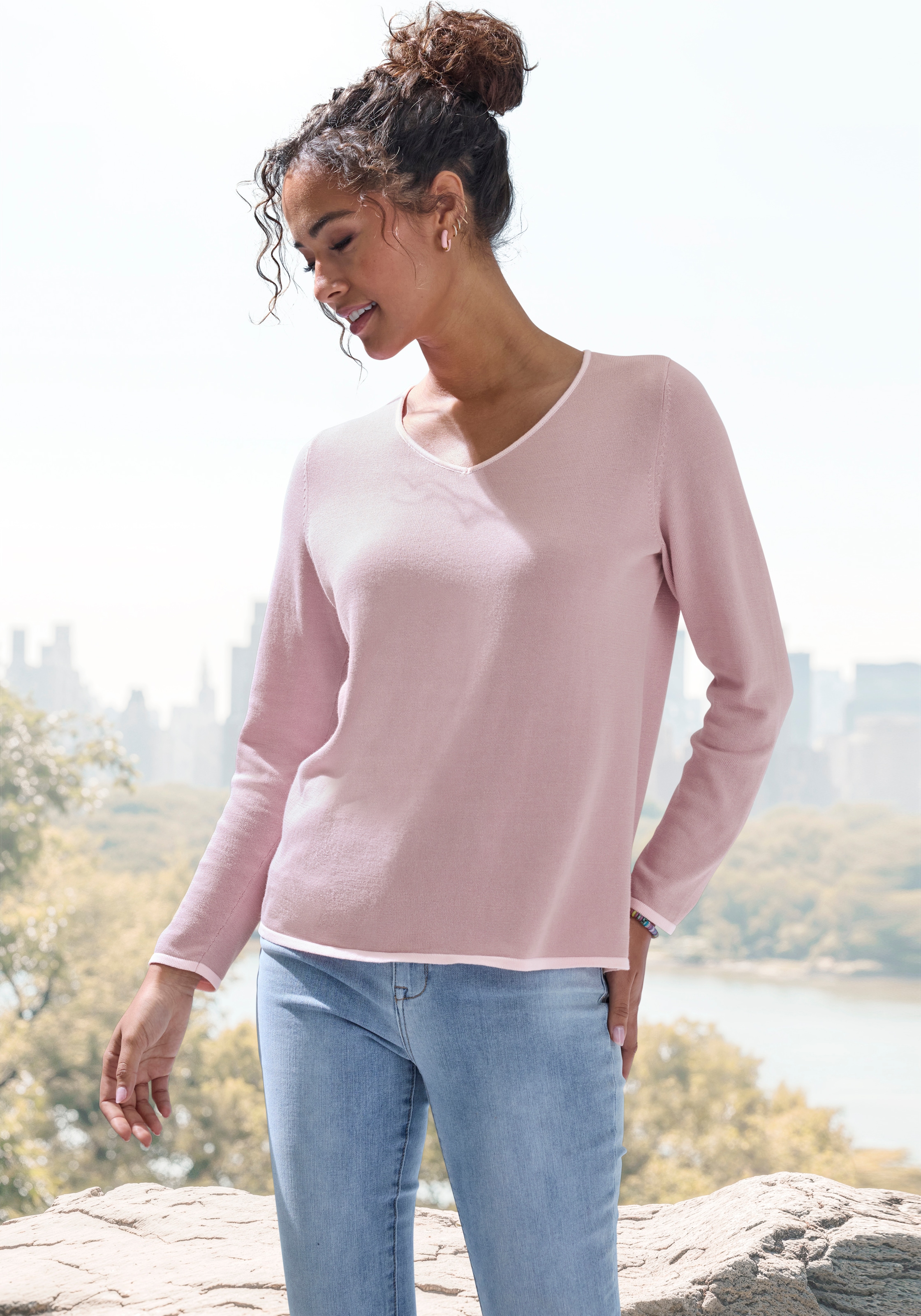 Vivance Pull col V avec bords contrastés, pull basique en maille fine douce, décontracté