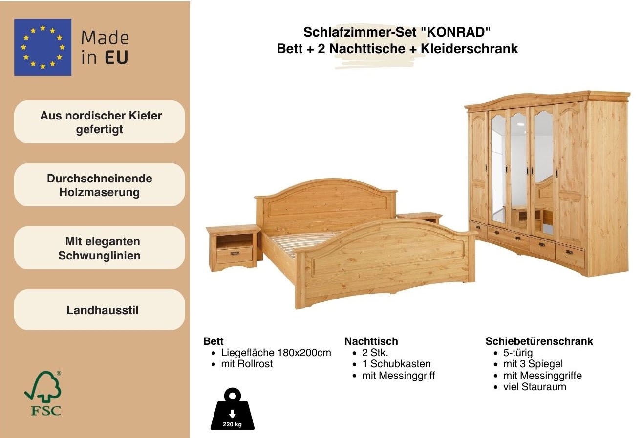 GOODproduct Schlafzimmer-Set »"Konrad", komplettes Schlafzimmer mit grossem Schrank« Set, Kleiderschrank 5 türig mit Schubladen, 2 Nachttische, Bett 180x200cm, 4 Stk. tlg. klassischer Landhausstil, Metallgriffe, Massivholz (Kiefer)
