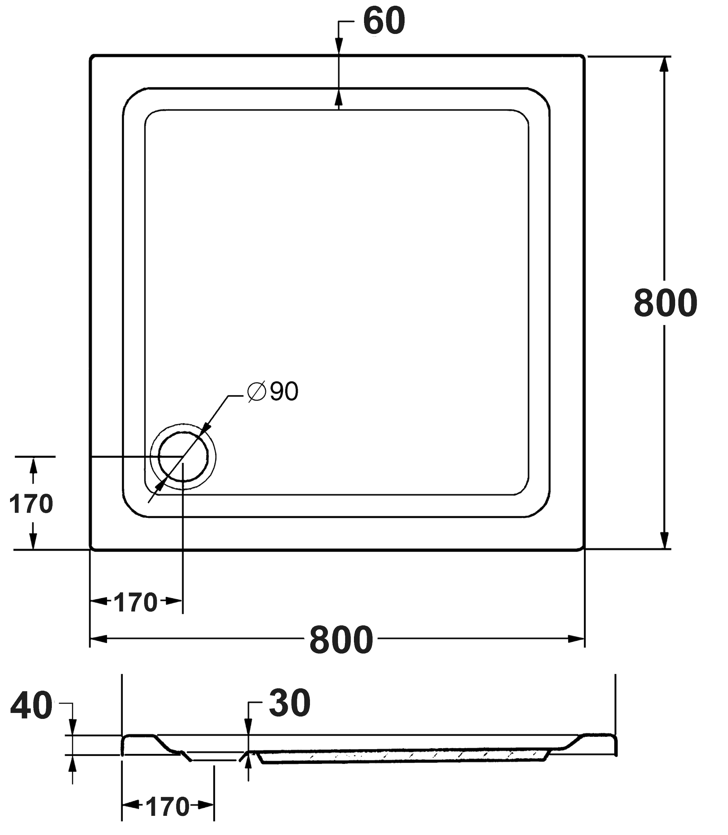 OTTOFOND Receveur de douche Ensemble,  80x80x3 cm, avec pied, garniture d’évacuation et bande d’étanchéité pour joints