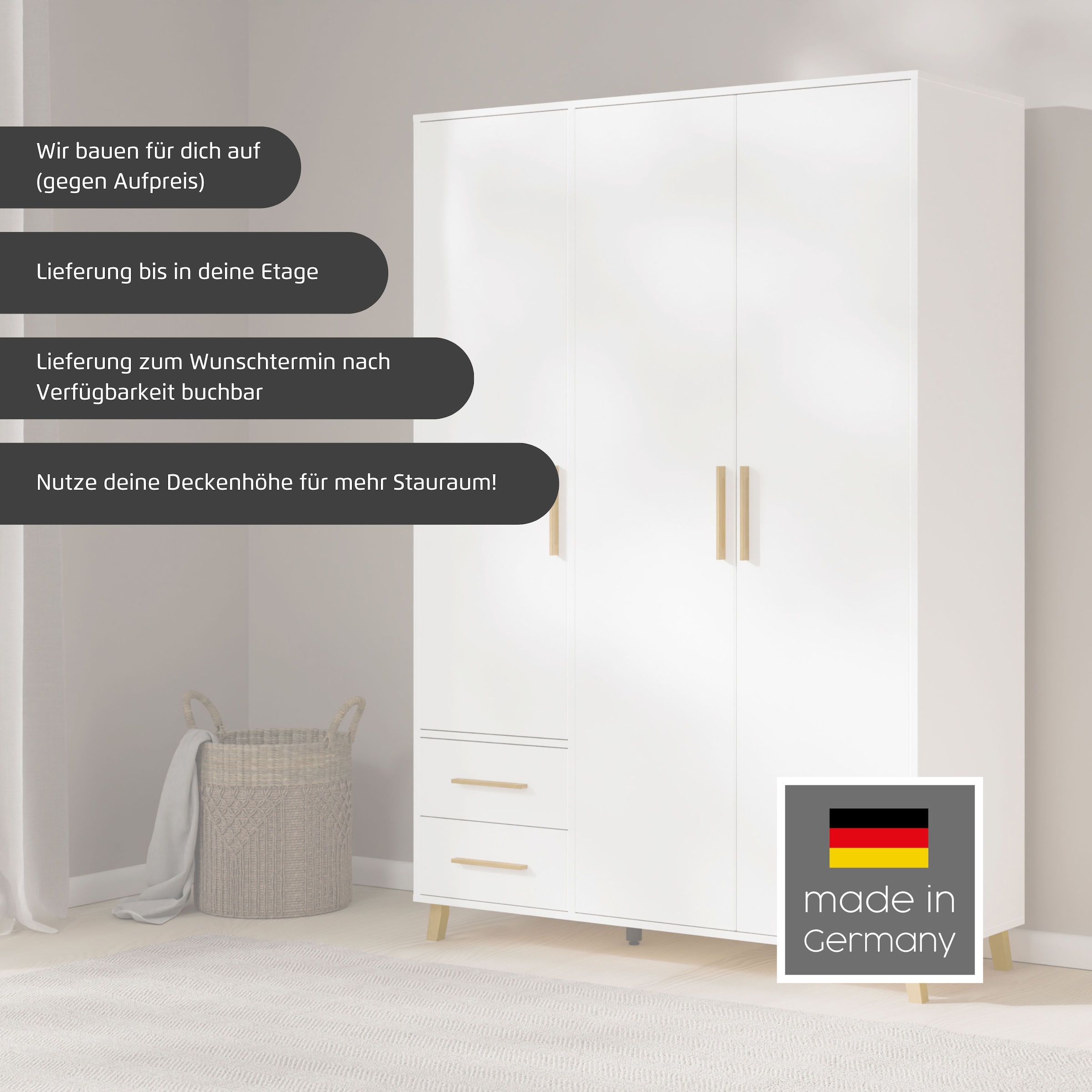 rauch 1100000002199 »Kleiderschrank Schrank Garderobe SHINJO Breiten 93/140/187 cm« in 3 verschiedenen Ausstattungen BASIC/CLASSIC/PREMIUM,  Griffe und Füsse aus Massivholz mit 2 Schubladen MADE IN GERMANY
