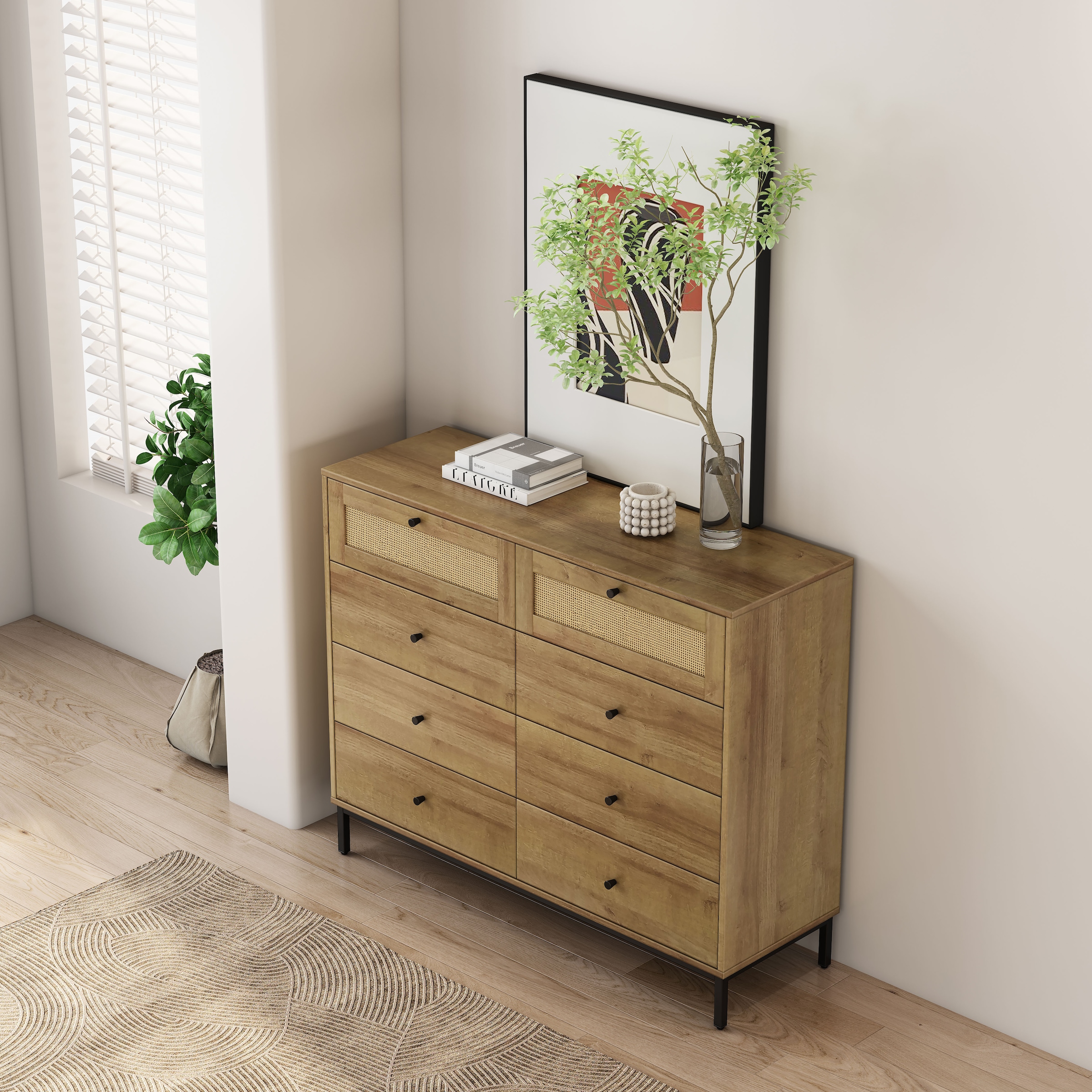 GOODproduct Kombikommode »Motala Wäsche Schrank mit 8 Schubladen Sideboard BOHO Design« Eichen-Design mit schwarzen Griffen und Geflecht Schubladen, 