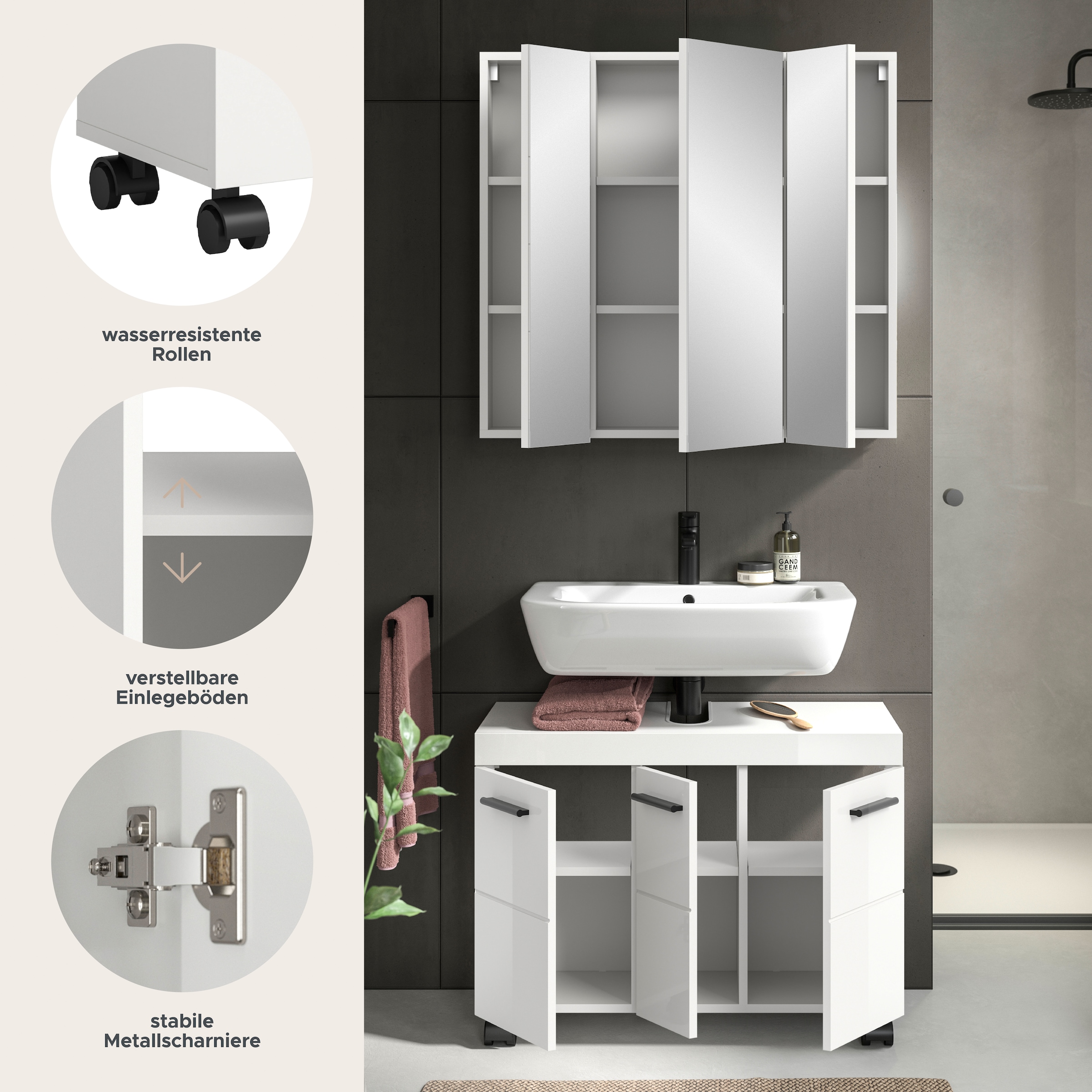 welltime Ensemble de meubles de salle de bain »AVON, Breite 82 cm, 2-teilige moderne Badkombination, auf Rollen« bestehend aus: Waschbeckenunterschrank & Spiegelschrank, 2 cuis tlg.